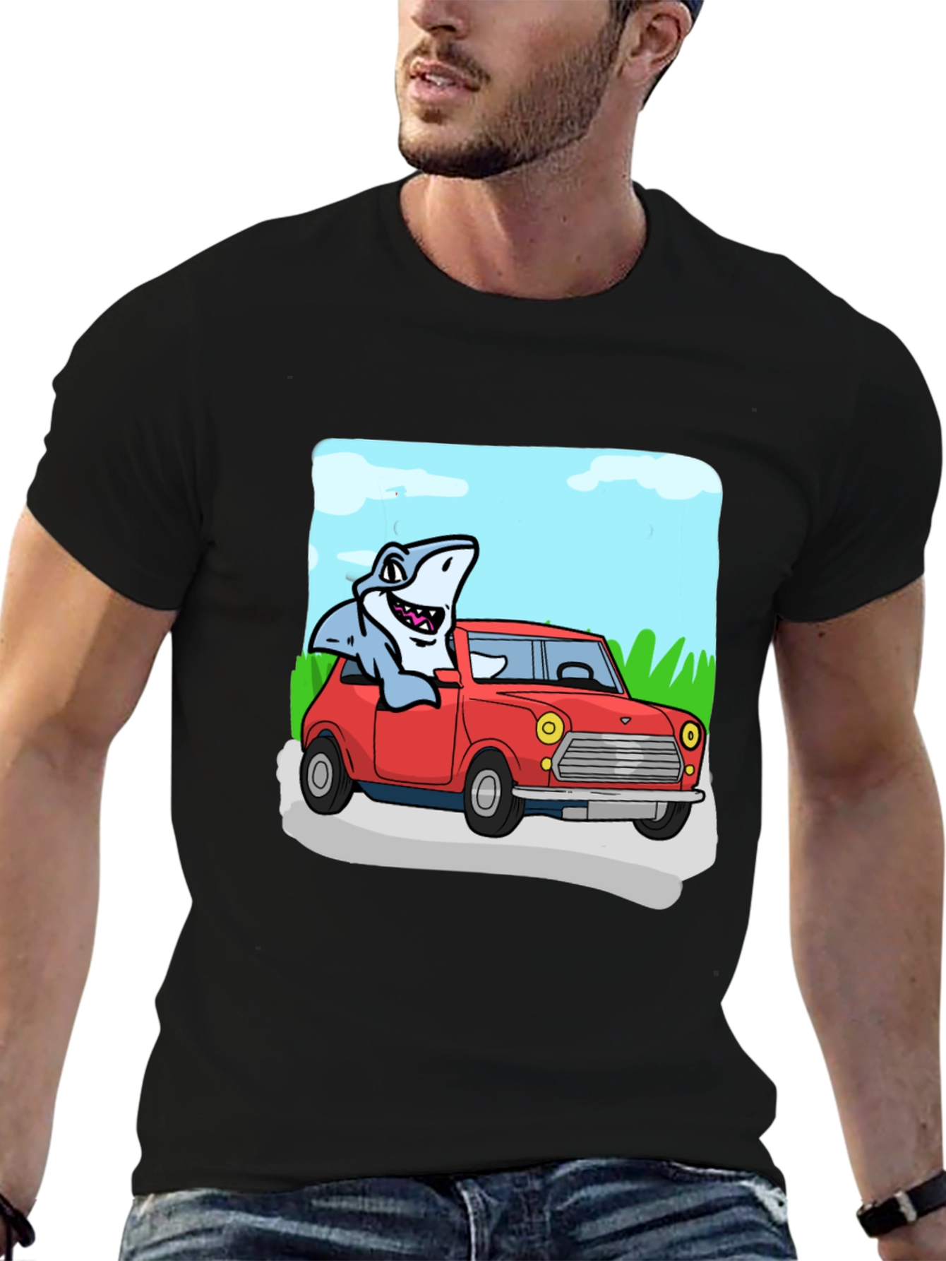 Black Shark in Car Graphic Tee - Unique Cartoon T-Shirt view 6