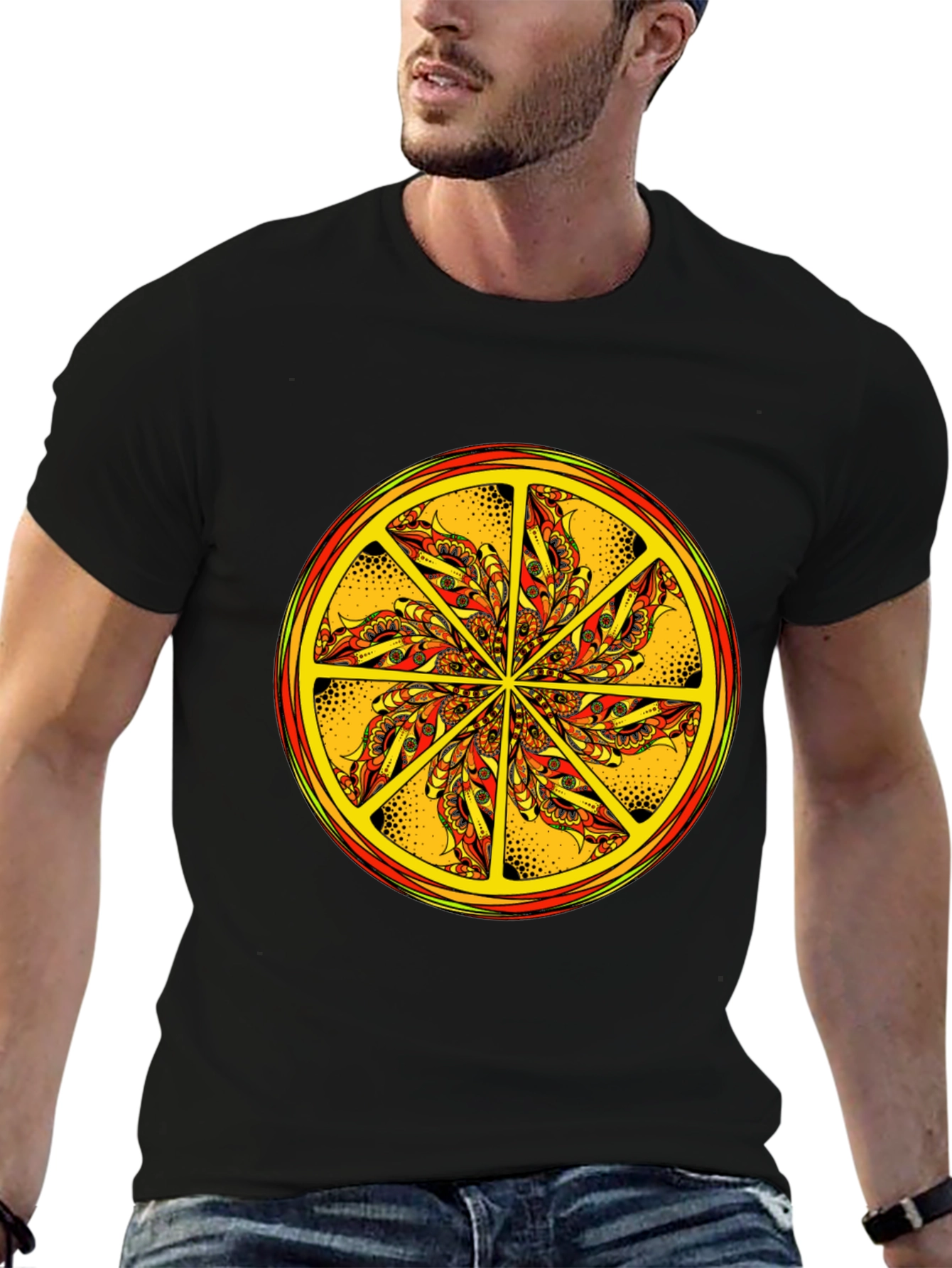 Black Vibrant Mandala Graphic Tee - Black Cotton Blend view 6