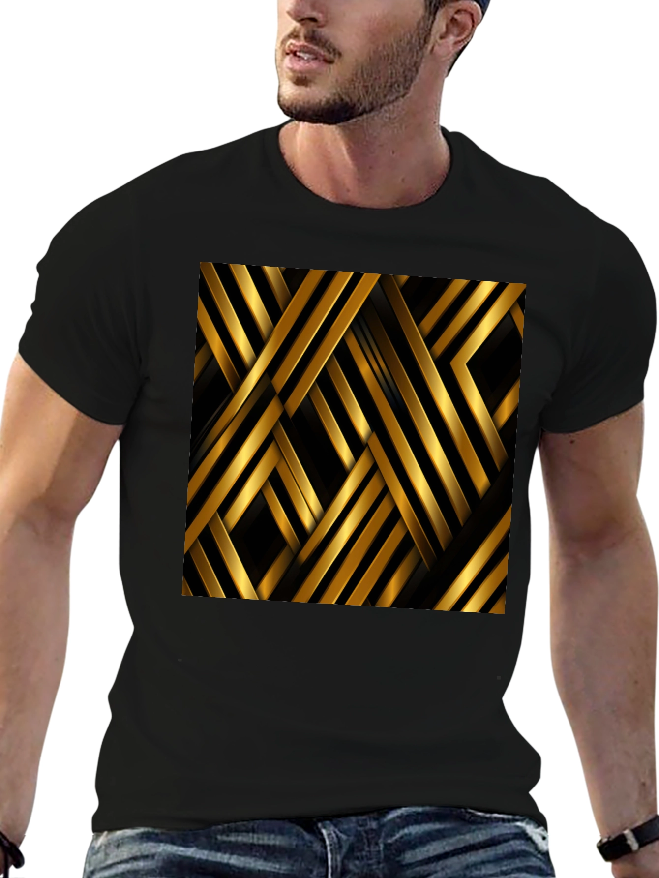 Black Geometric Gold Stripes T-Shirt view 6