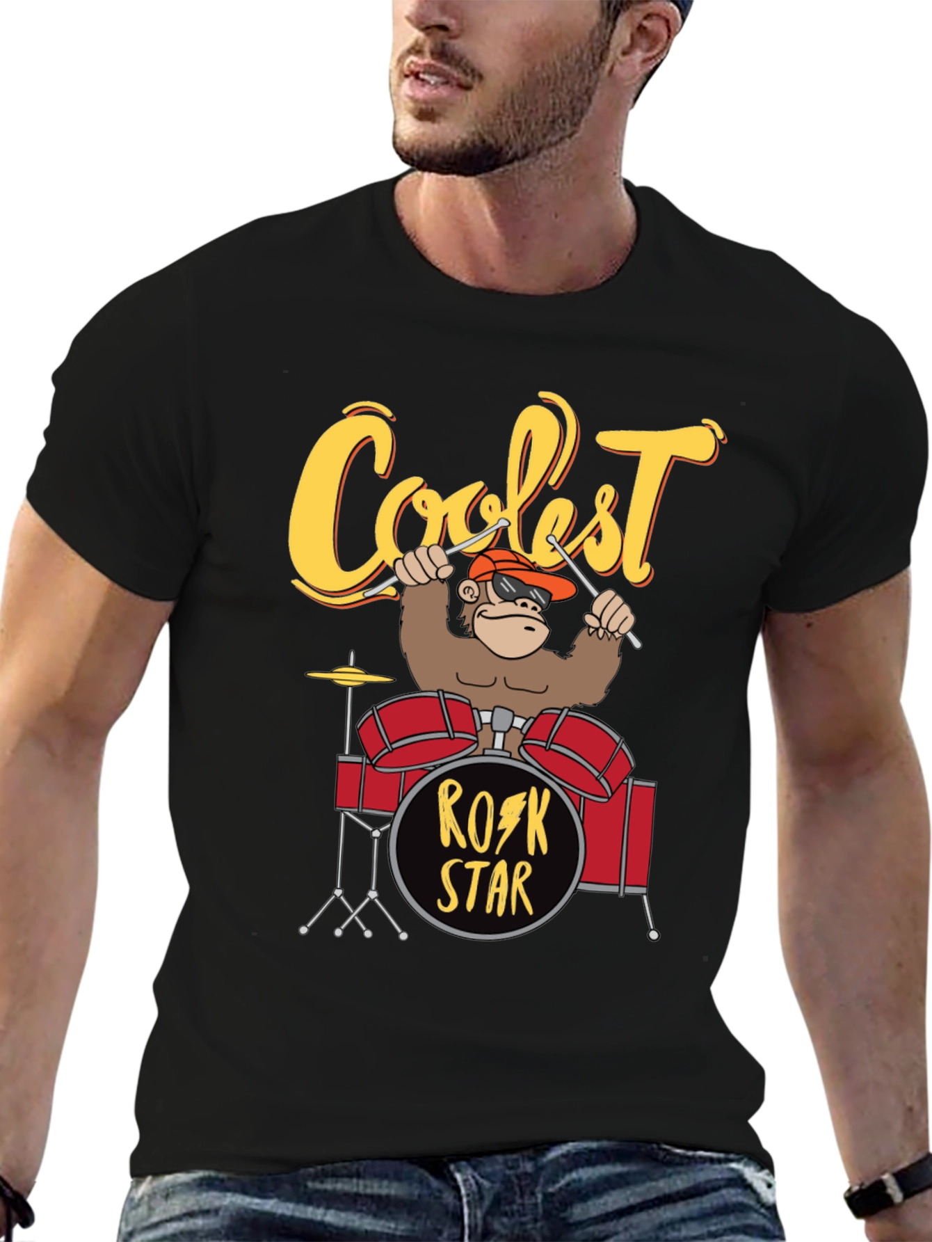 Black Coolest Rock Star Monkey Drummer T-Shirt view 6