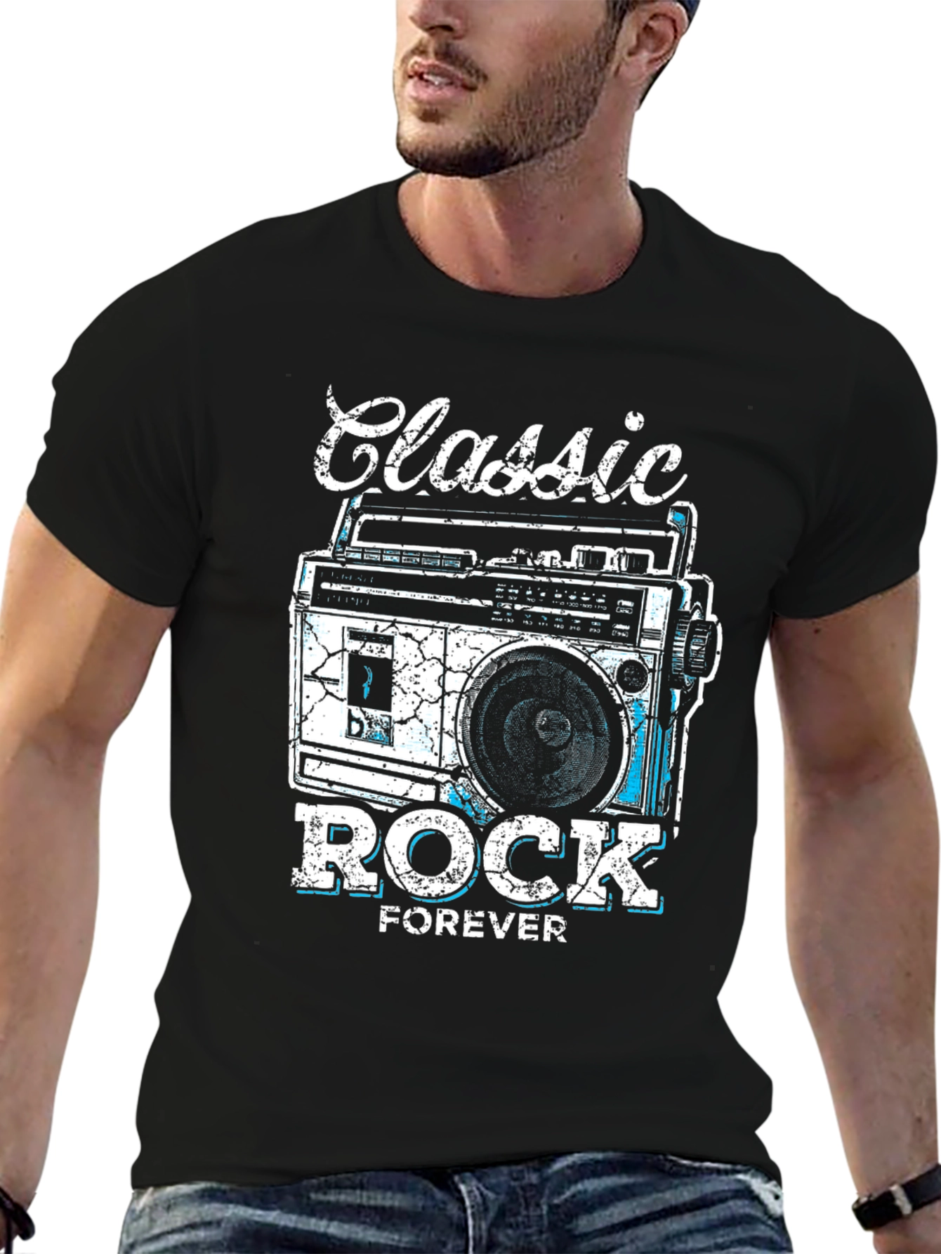 Black Classic Rock Forever Tee - Retro Boombox Graphic view 6