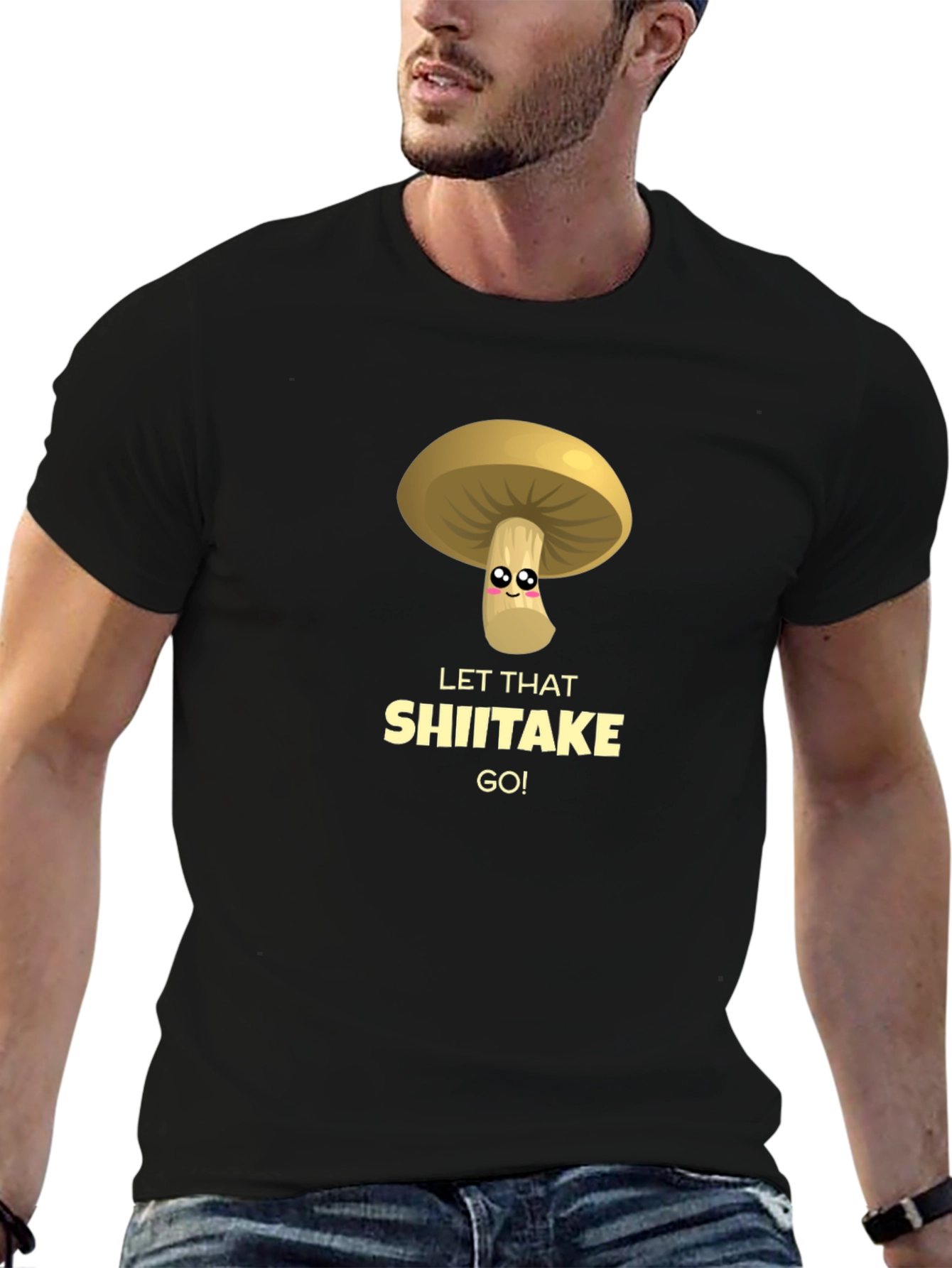 Black Funny Mushroom Shiitake Graphic T-Shirt view 6
