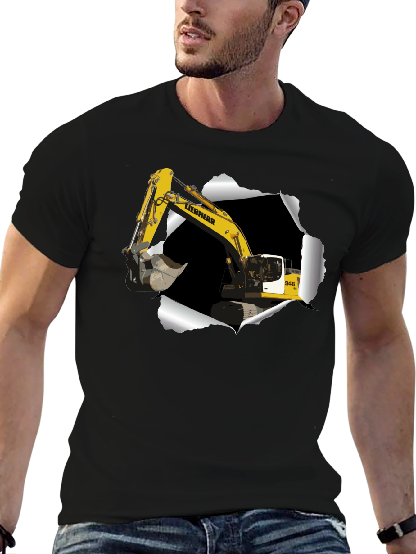 Black Excavator Ripped Tee - Construction Vehicle Graphic T-Shirt view 6