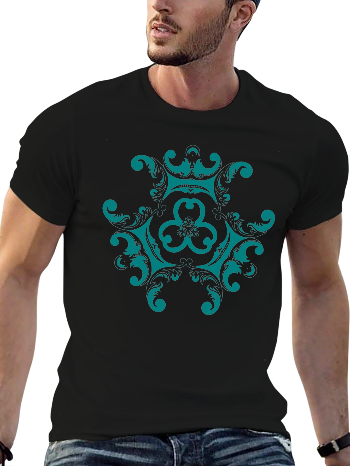 Black Elegant Teal Mandala Graphic Tee - Black Cotton Comfort view 6