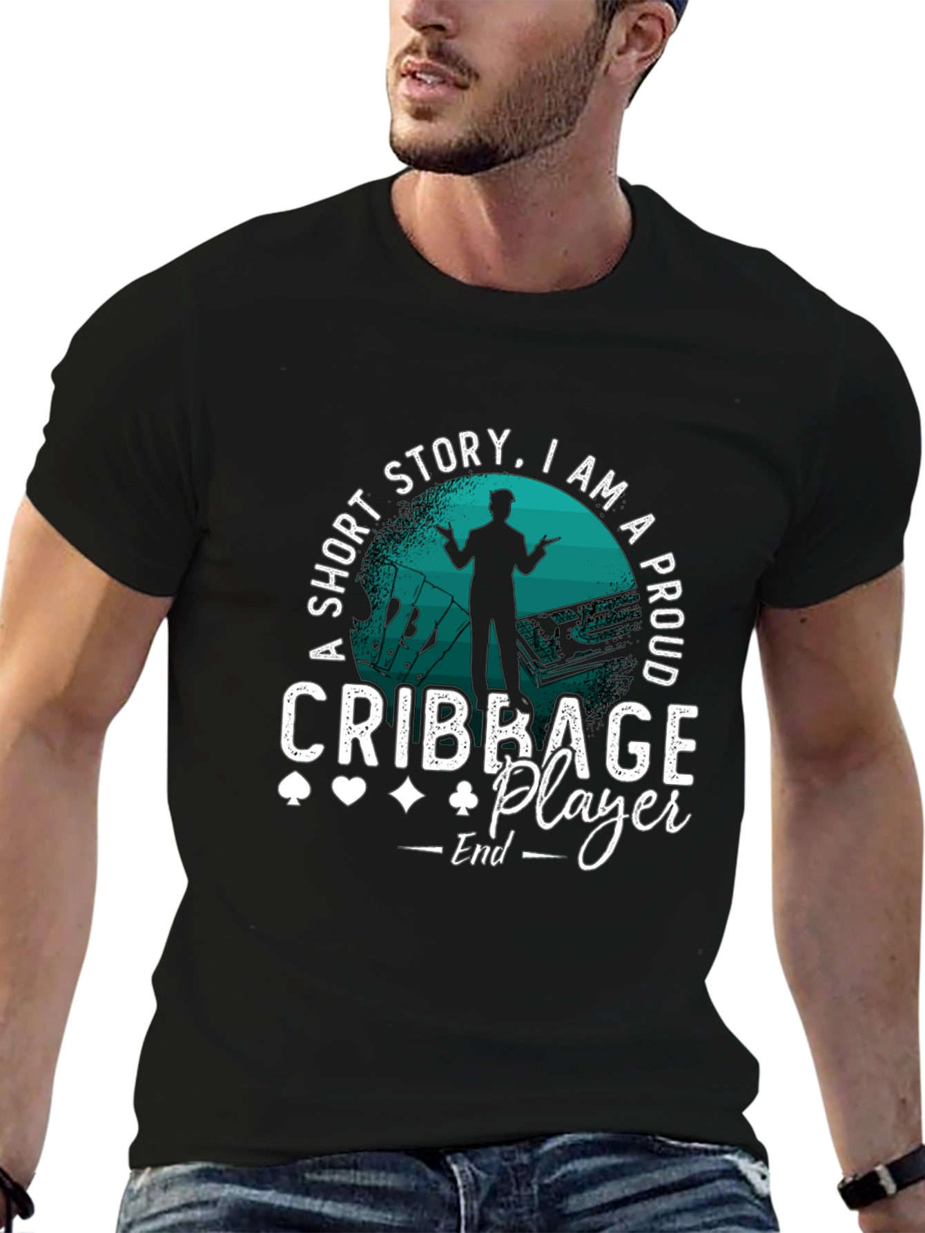 Black Cribbage Player T-Shirt: Short Story, Proud Player! view 6