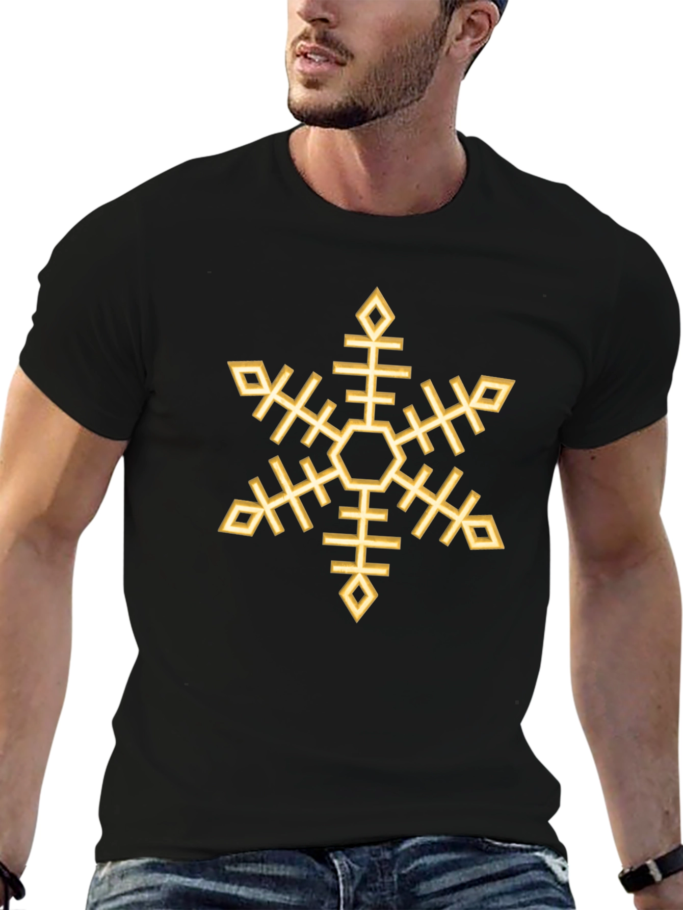 Black Geometric Snowflake Graphic Tee - Black Cotton Blend view 6