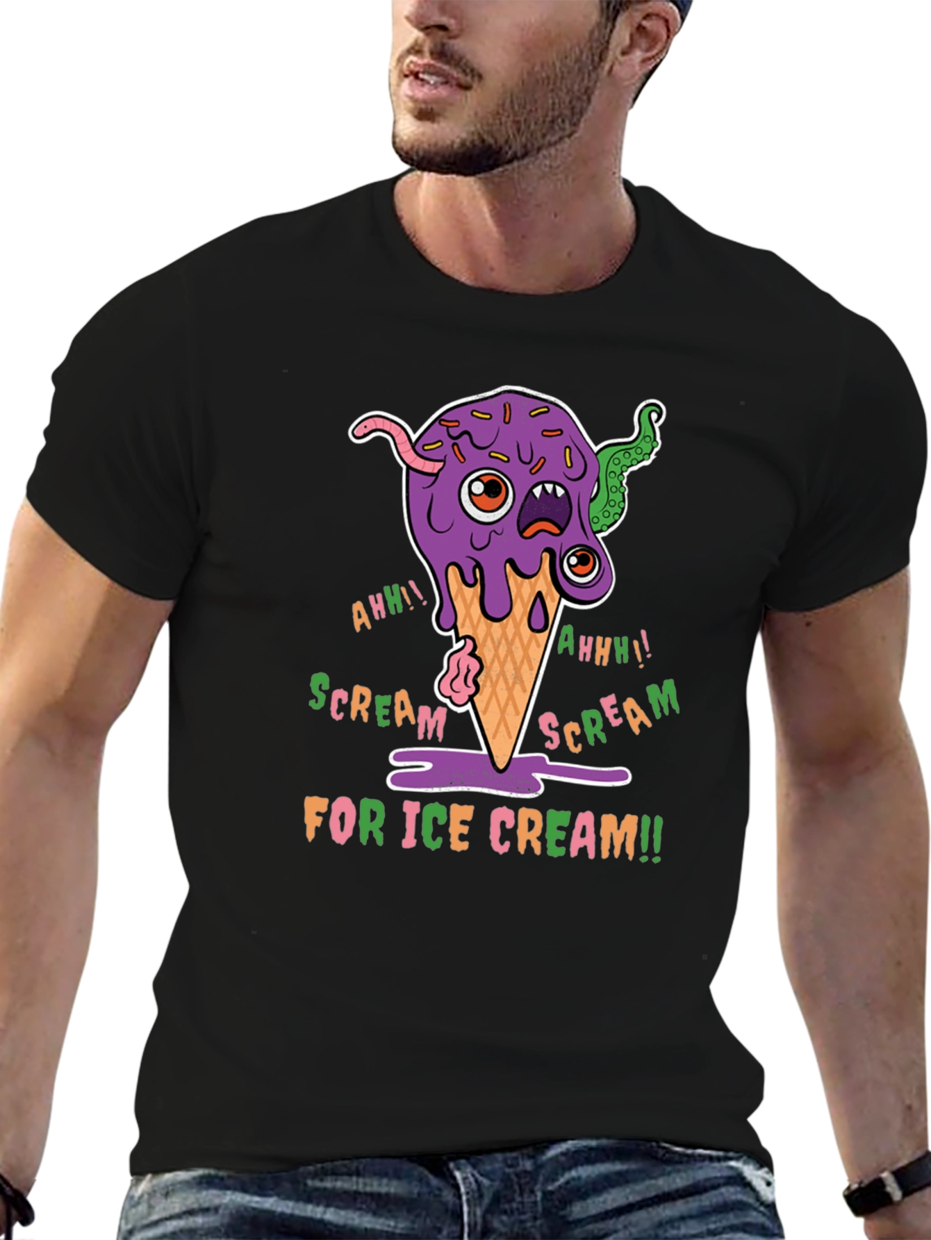 Black Scream for Ice Cream Graphic Tee - Fun Creepy Cartoon Design view 6