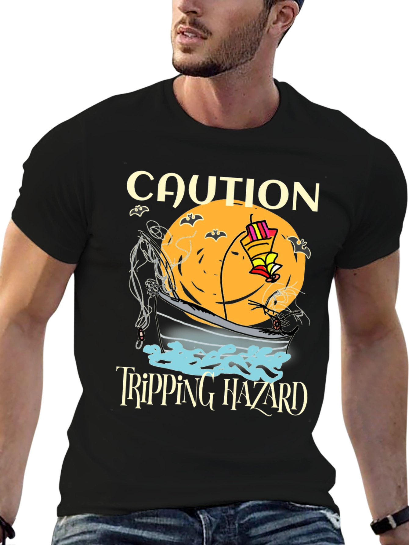 Black Caution Tripping Hazard Funny Halloween T-Shirt view 6