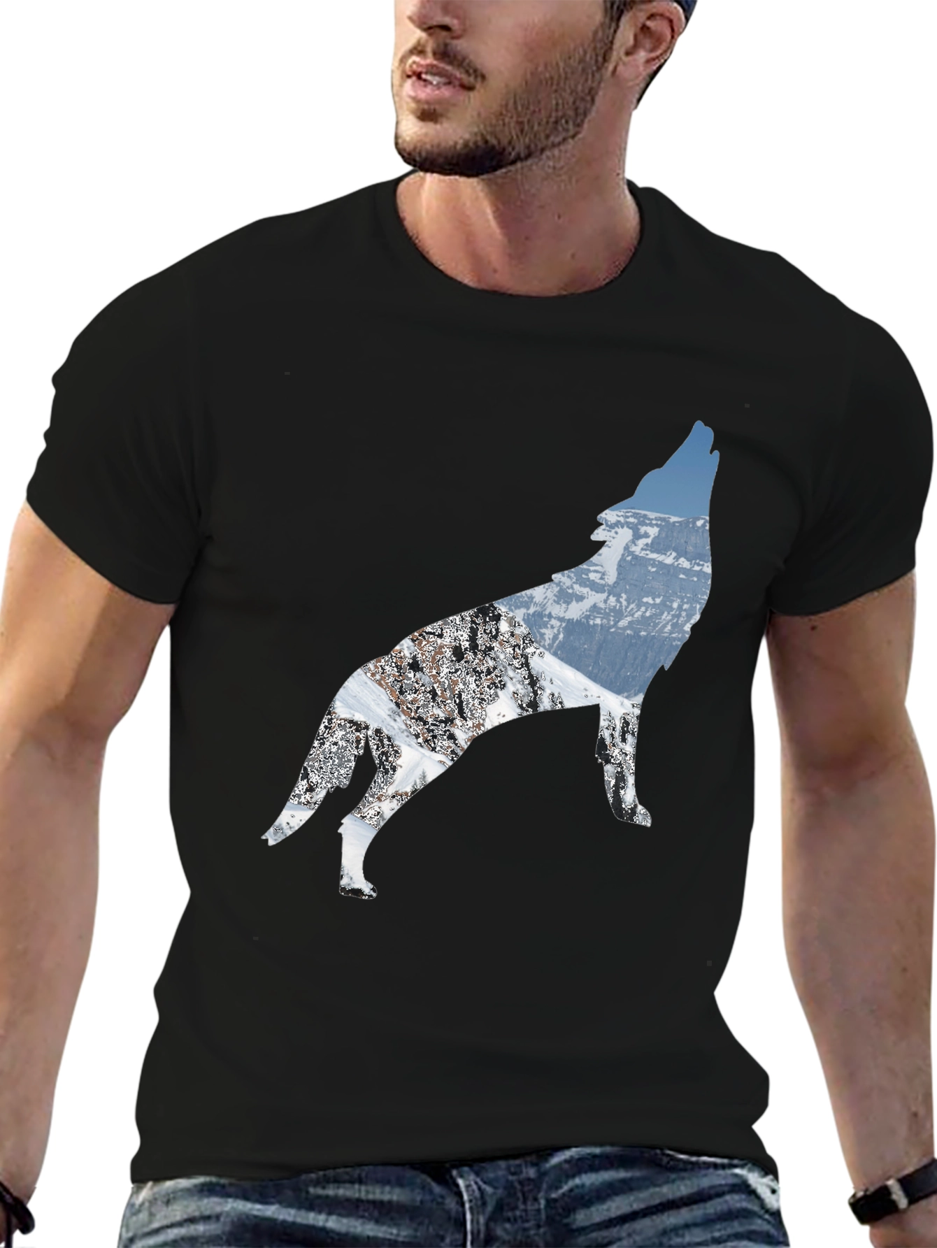 Black Wolf Mountain Scene Black T-Shirt view 6