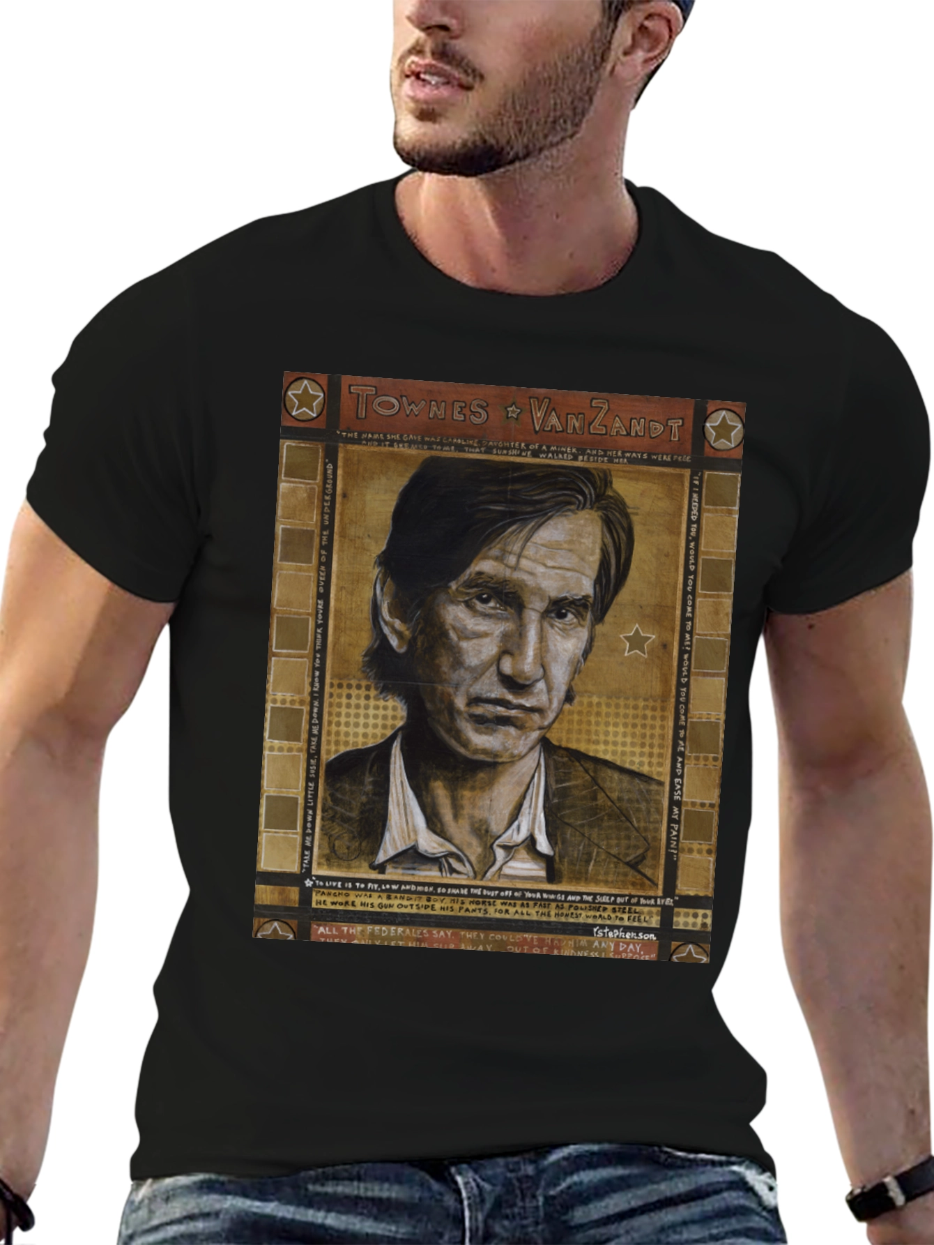 Black Townes Van Zandt Portrait Graphic T-Shirt view 6