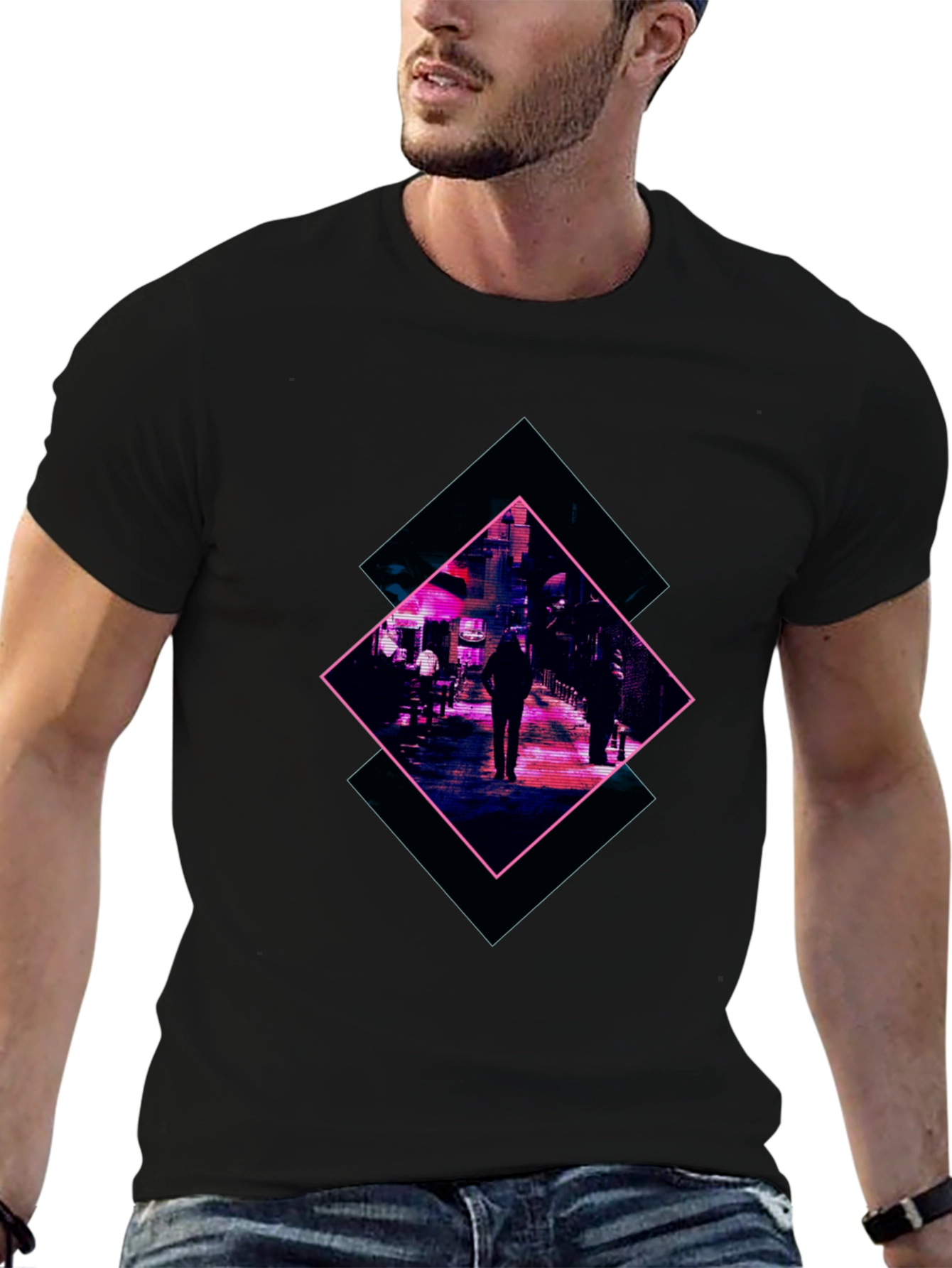 Black Cyberpunk Street Scene Graphic Tee - Black view 6