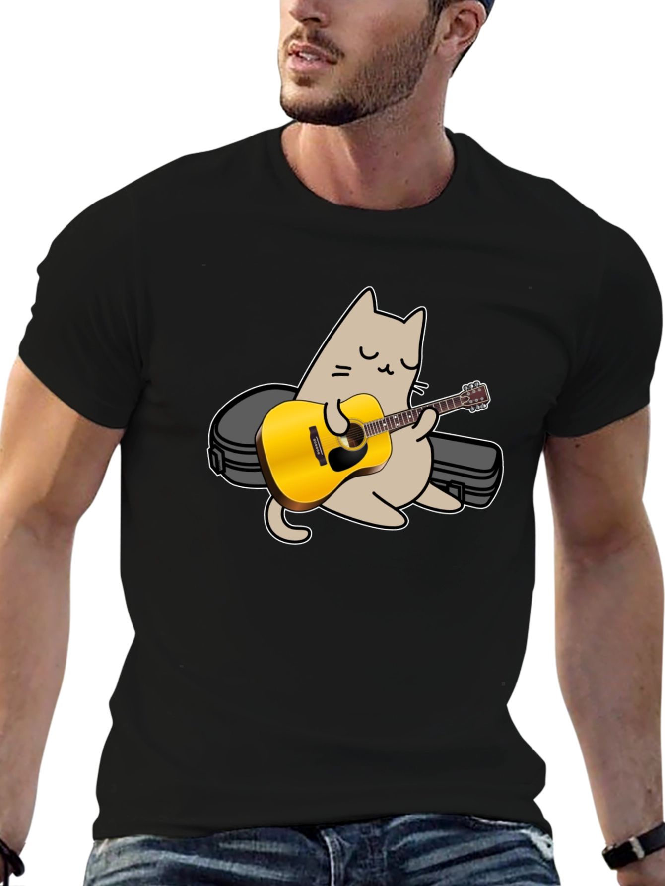 Black Cat Playing Guitar Graphic Tee - Black view 6