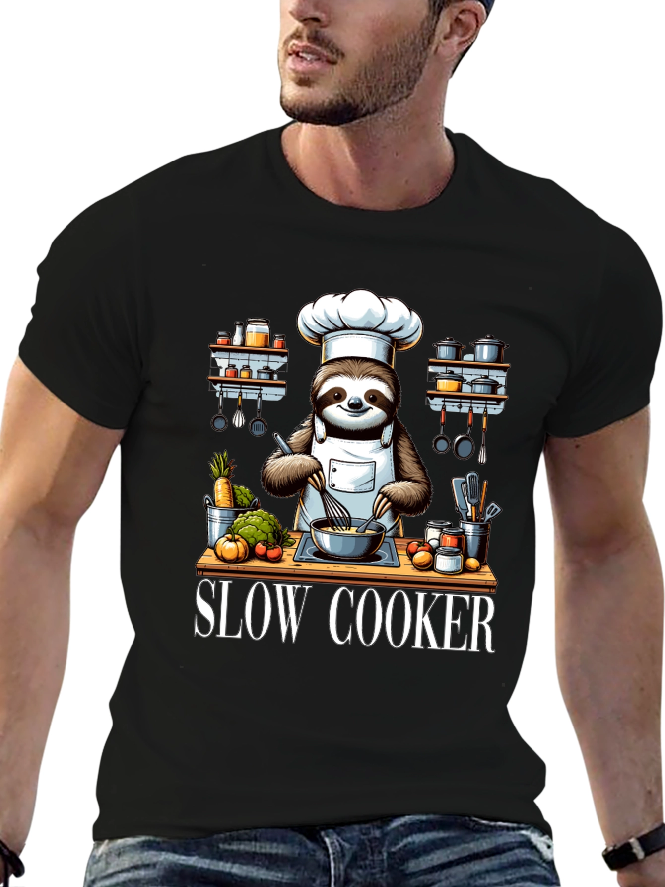 Black Sloth Chef T-Shirt - Slow Cooker Design view 6