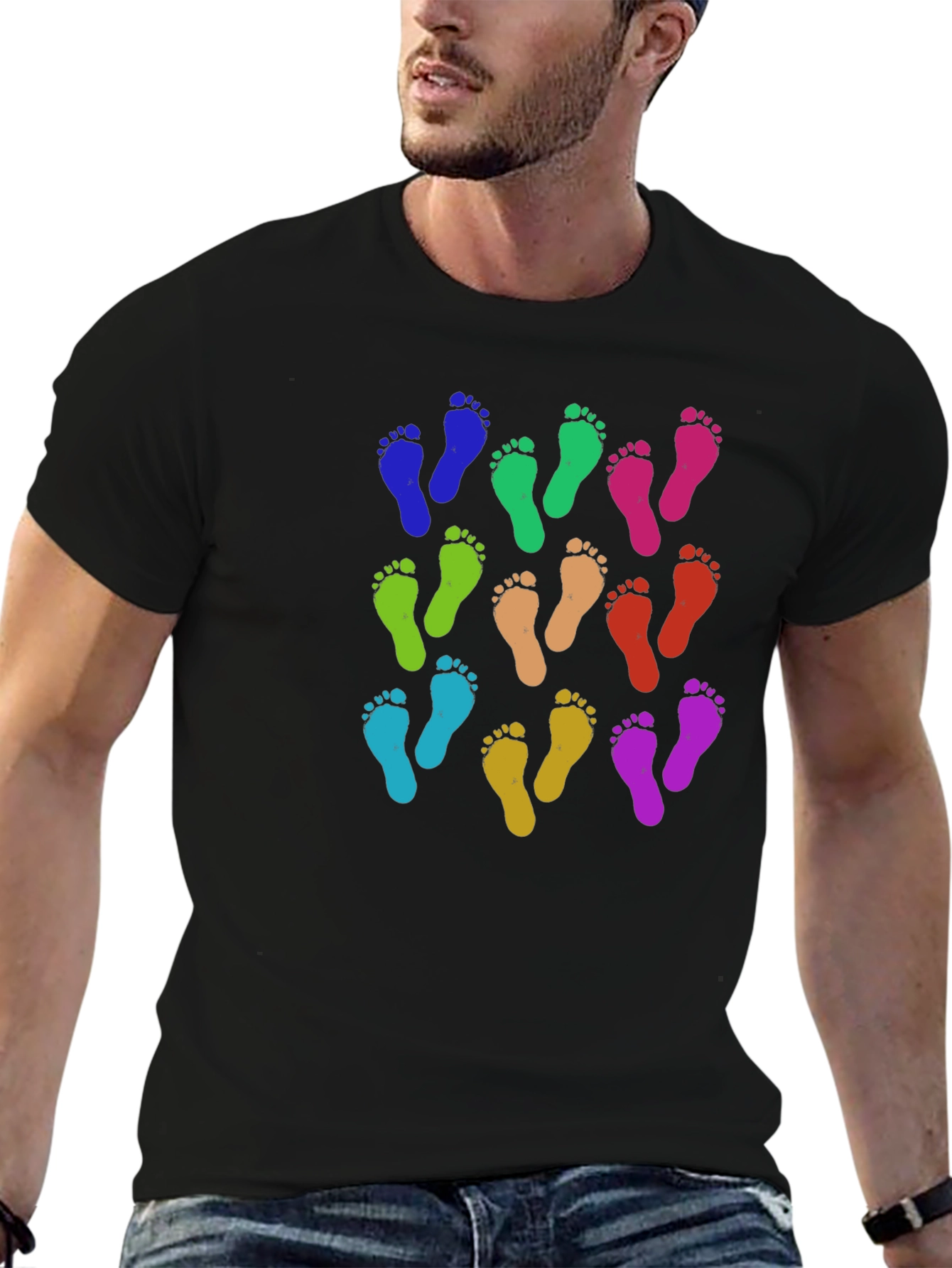 Black Colorful Footprints Tee - Funky Pattern Black T-Shirt view 6