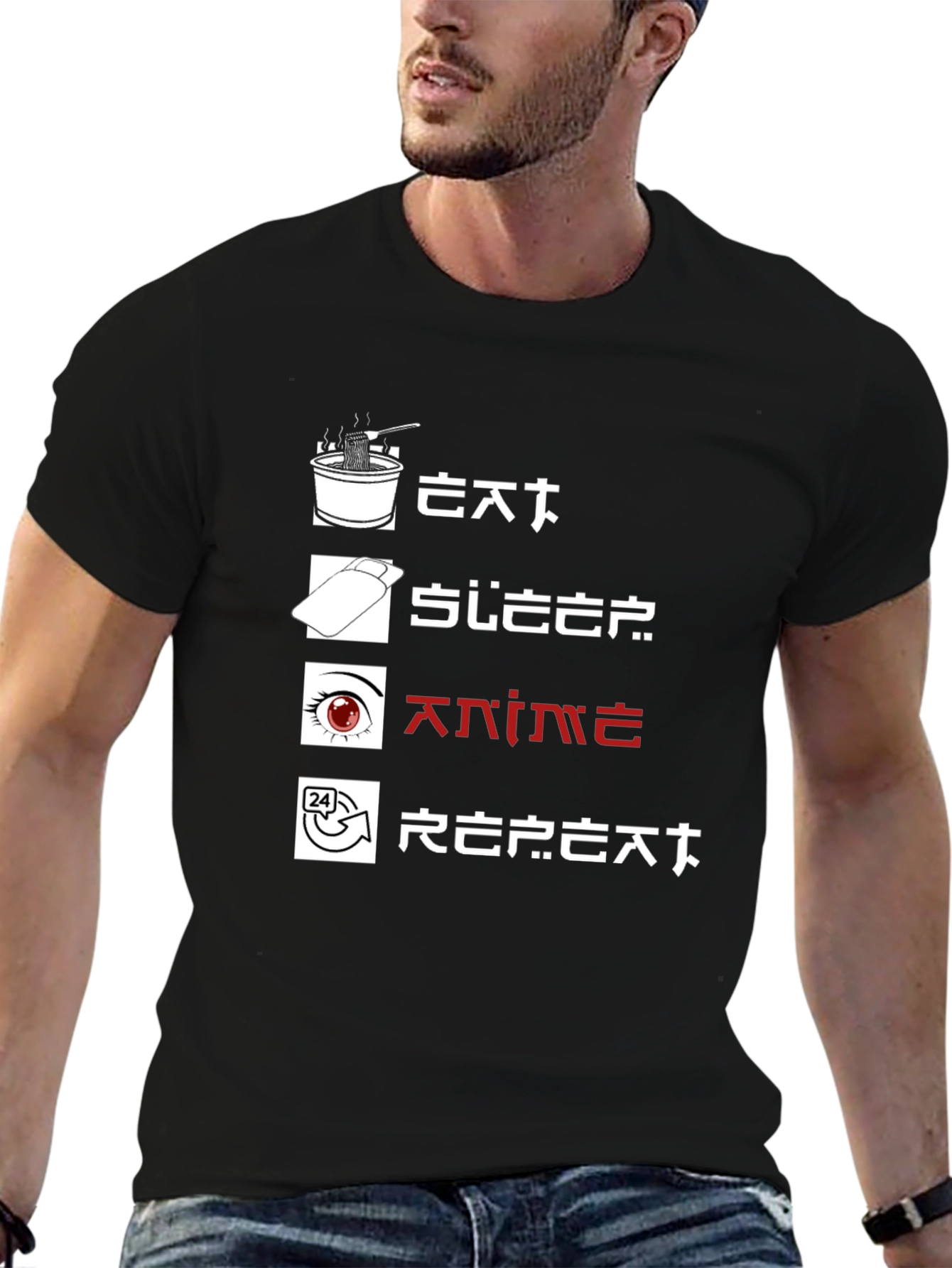 Black Eat Sleep Anime Repeat Graphic Tee view 6
