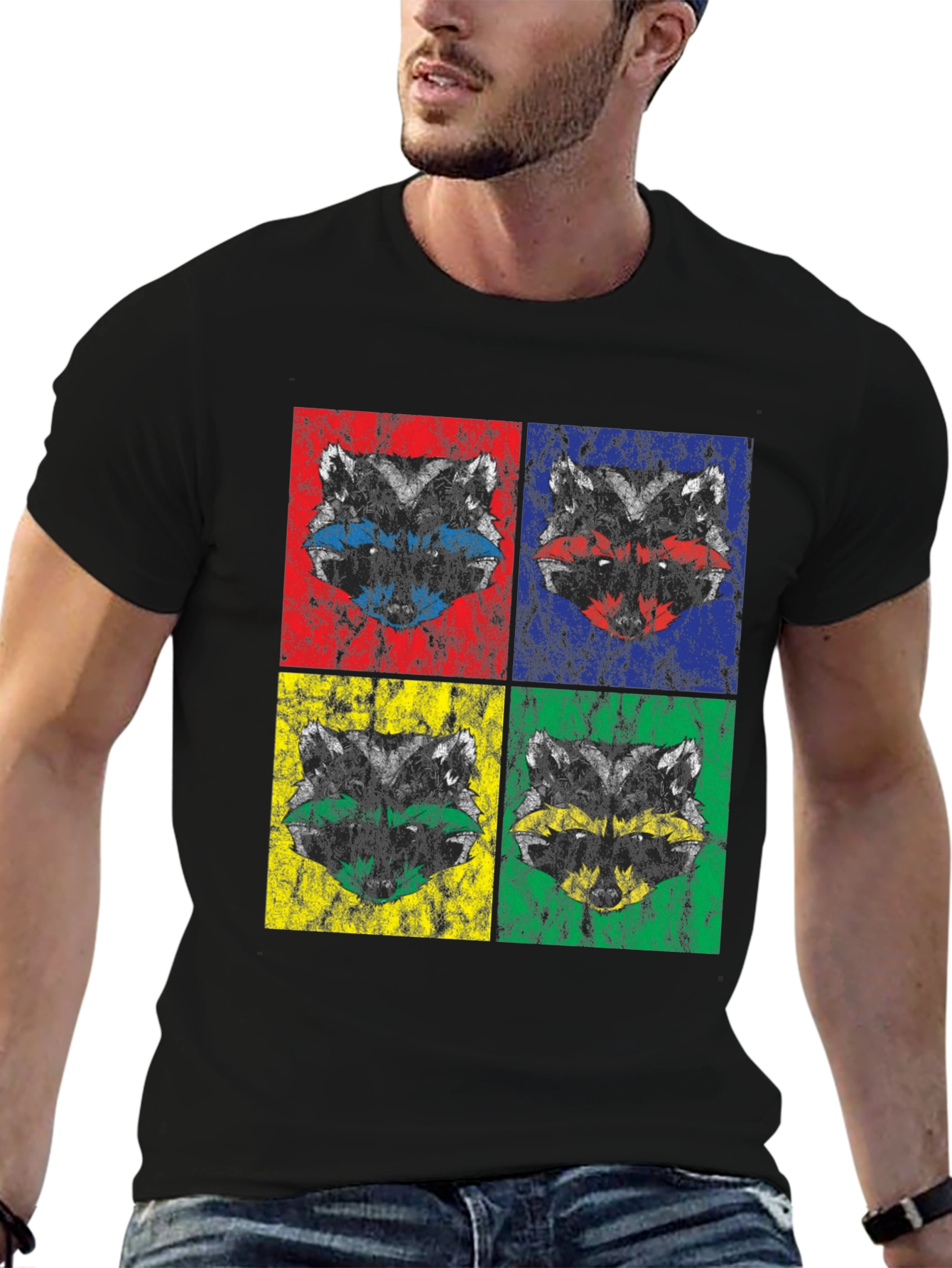 Black Retro Raccoon Pop Art Graphic T-Shirt view 6