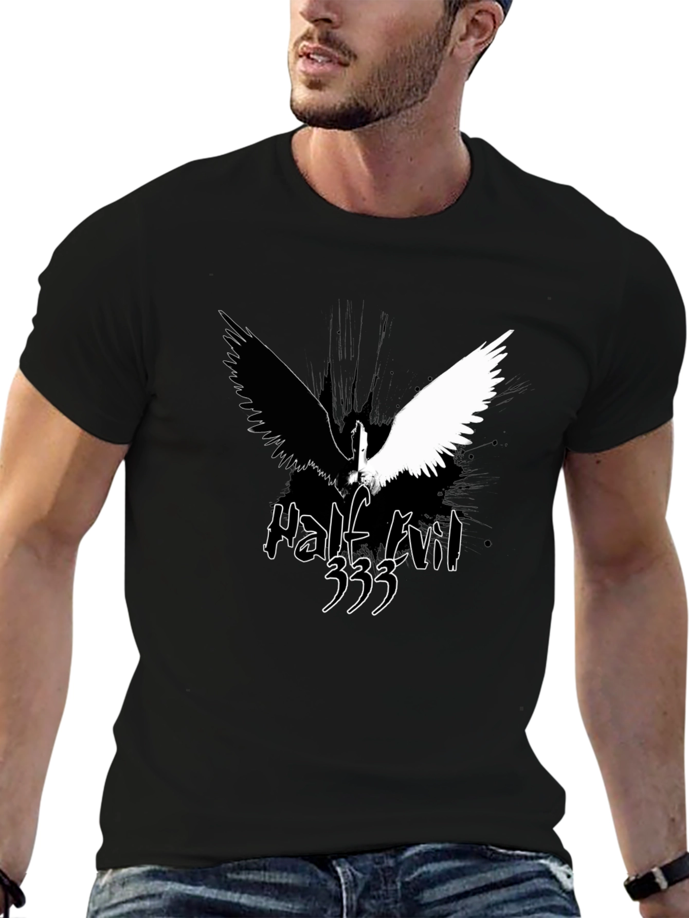 Black Half Evil Angel Wings Black T-Shirt view 6