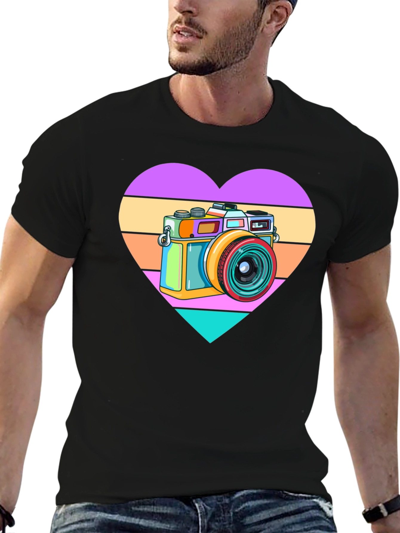 Black Retro Camera Heart Graphic Tee - Black Cotton T-Shirt view 6
