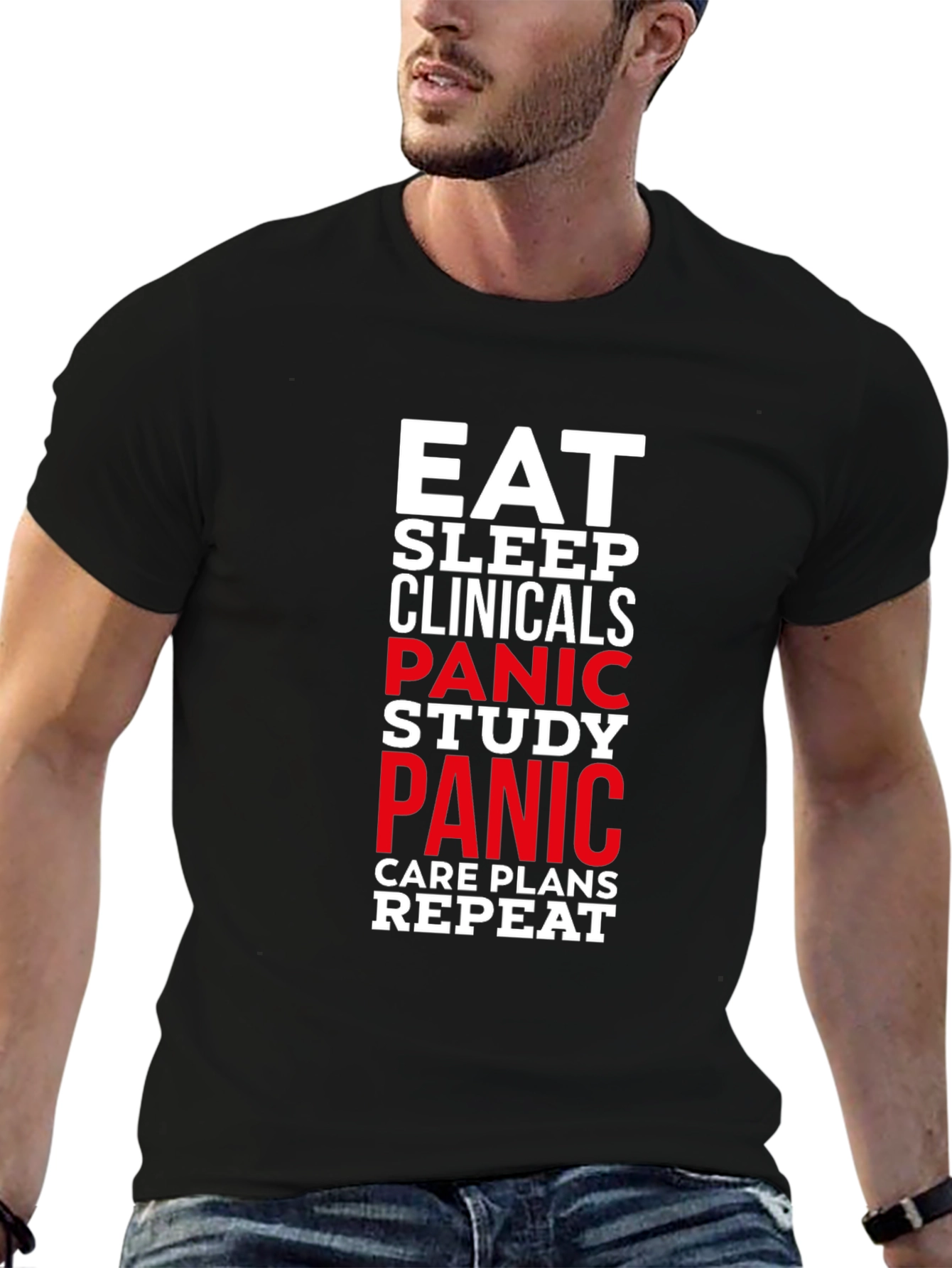 Eat Sleep Clinicals Panic Study Repeat Black T-Shirt - 6