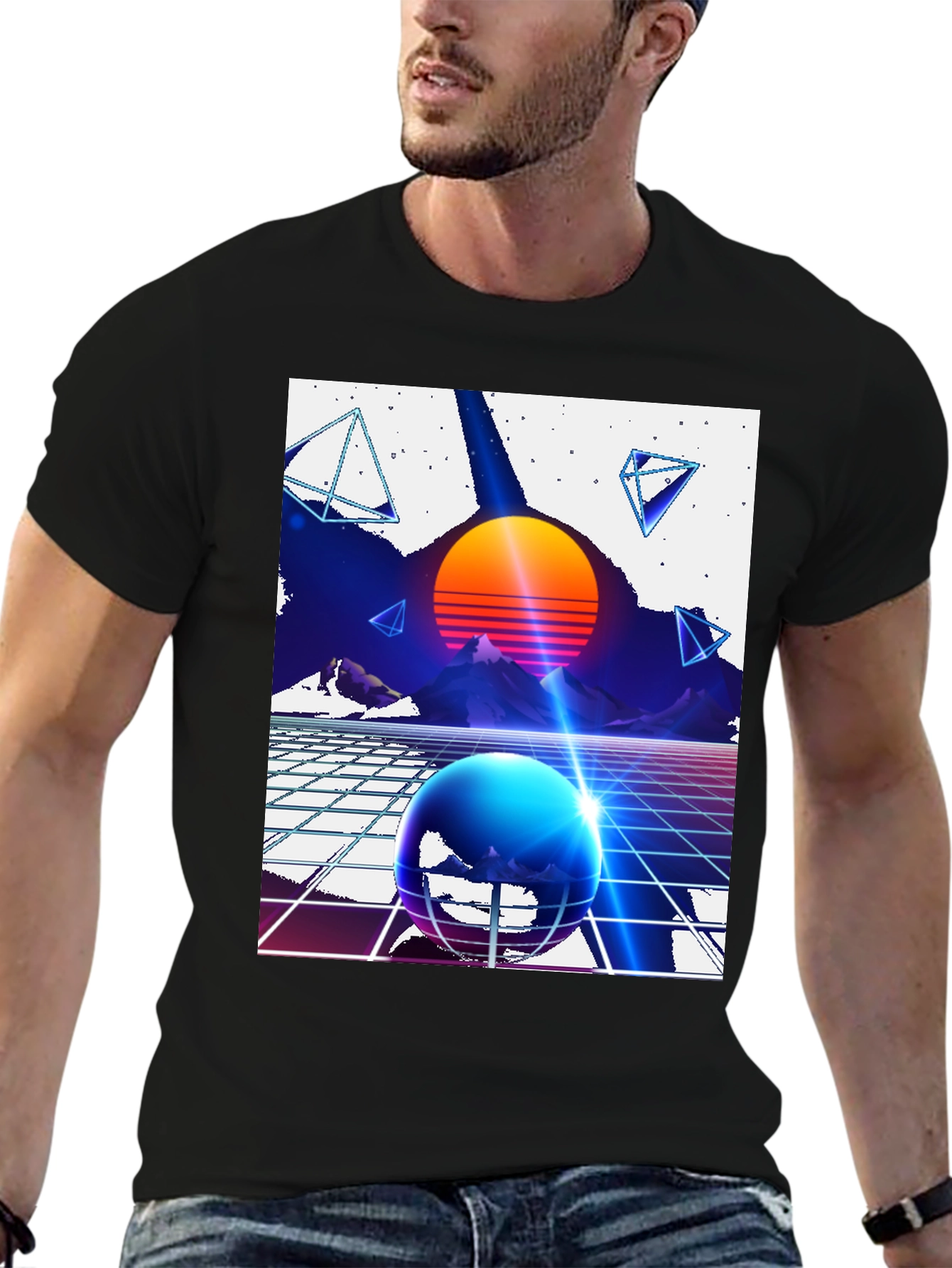 Black Retro Synthwave T-Shirt - 80s Inspired Design view 6