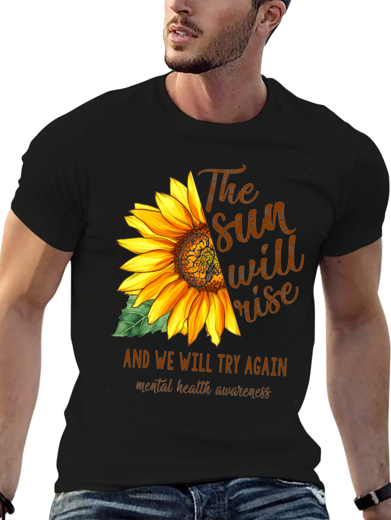 Black Sunflower Mental Health Awareness Graphic Tee view 6