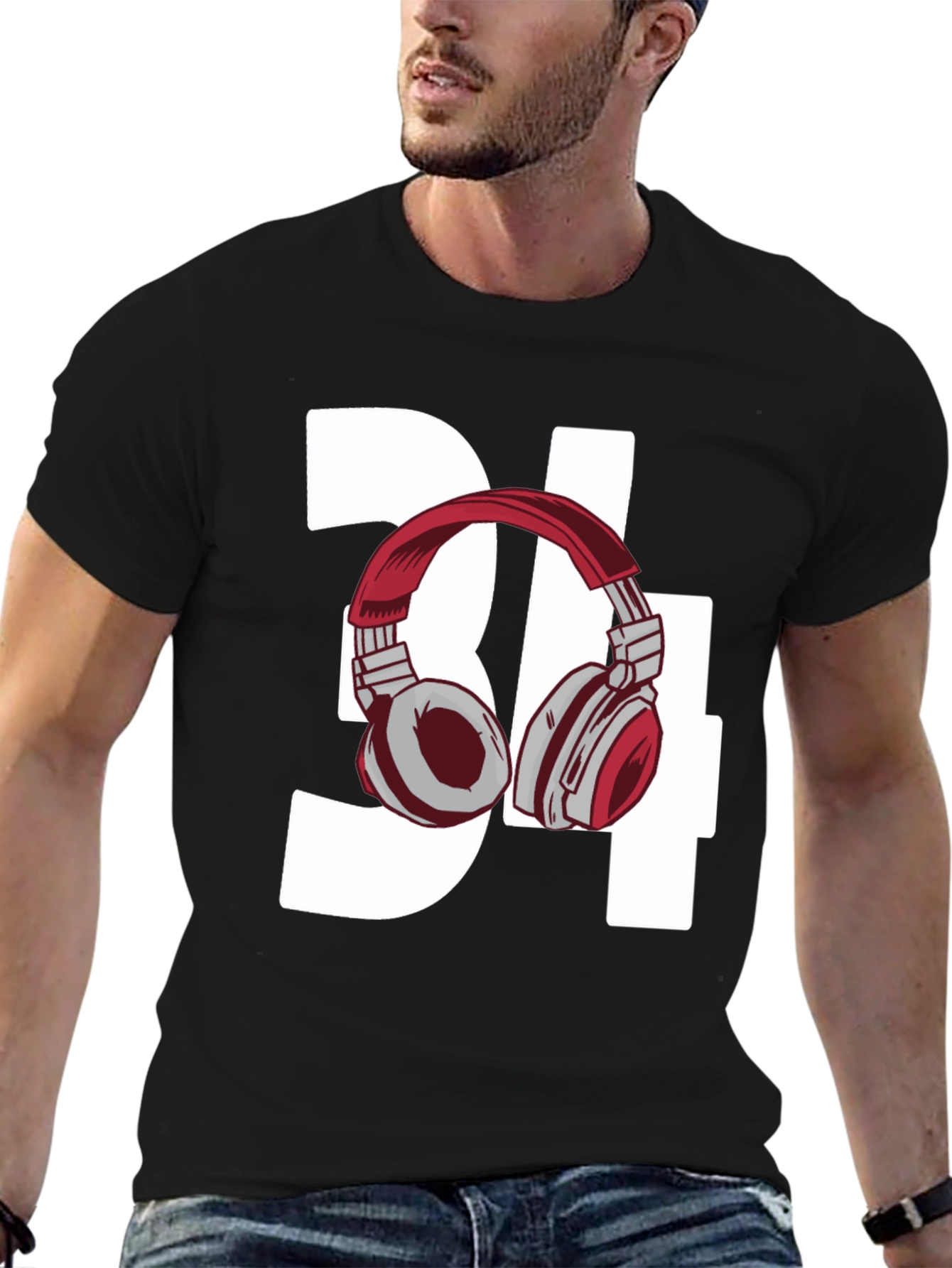 Black Stylish Number 34 Headphones Graphic Tee view 6