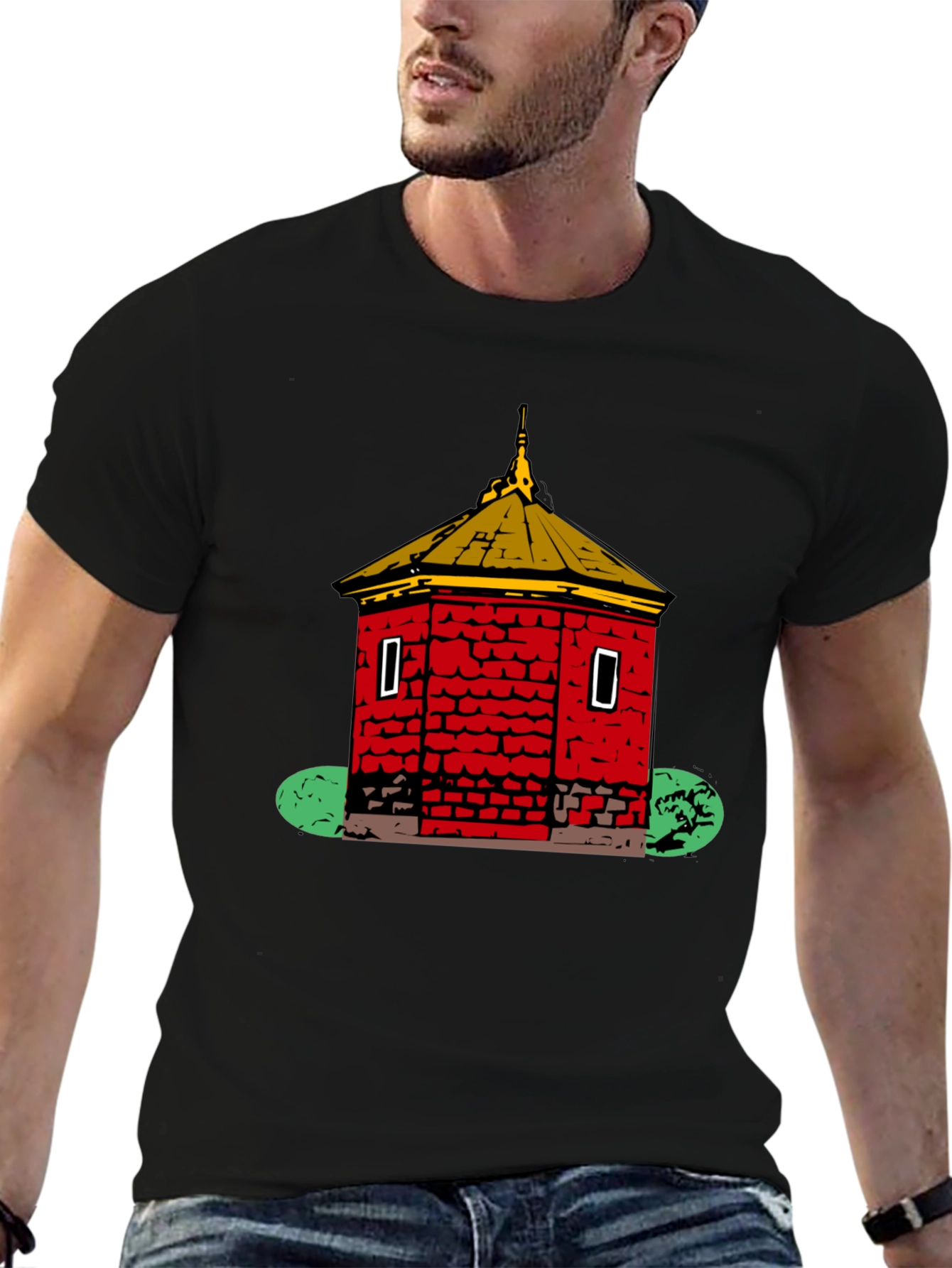 Black Red Brick Building Graphic Black T-Shirt view 6