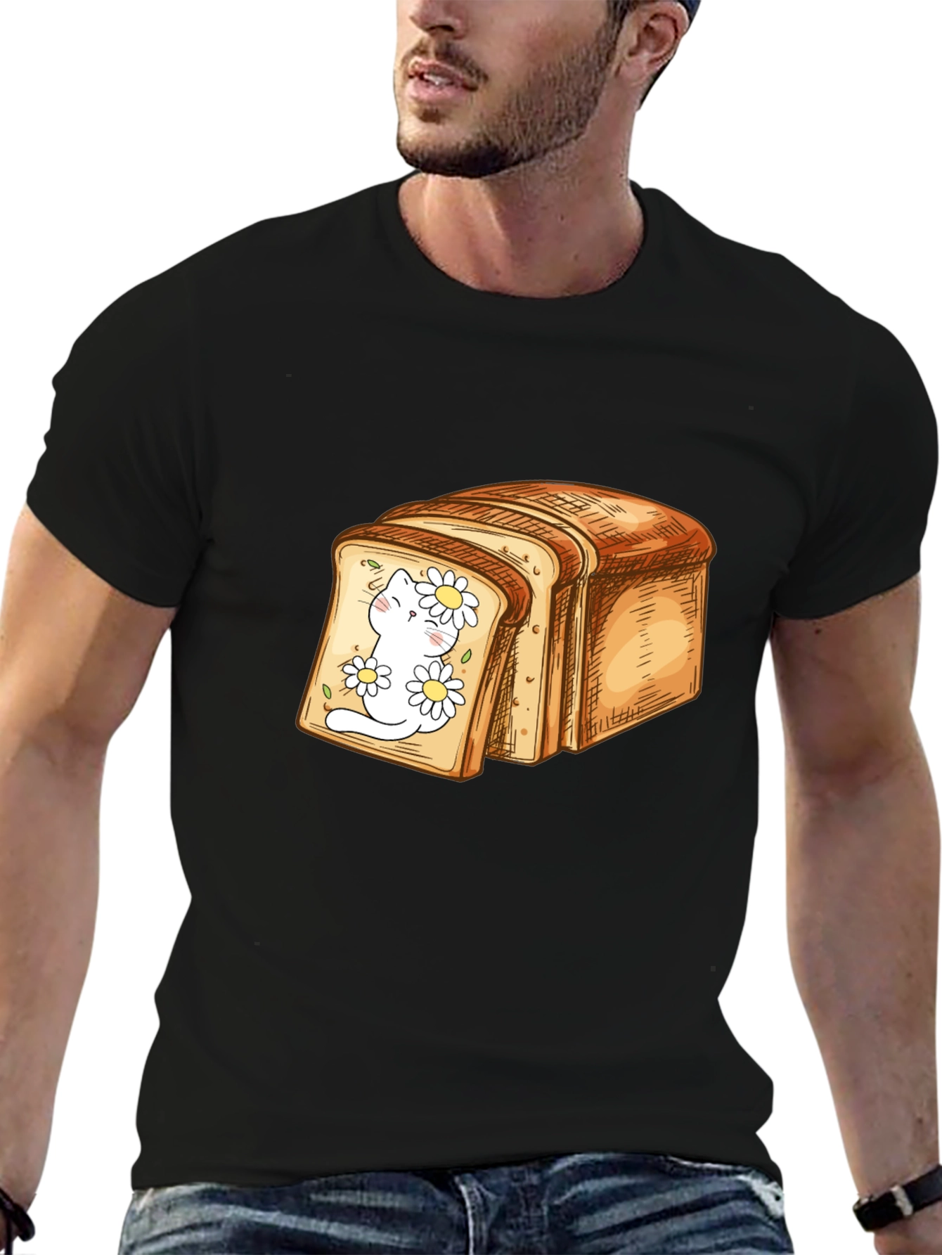 Black Cute Cat in Bread Slice Graphic T-Shirt view 6