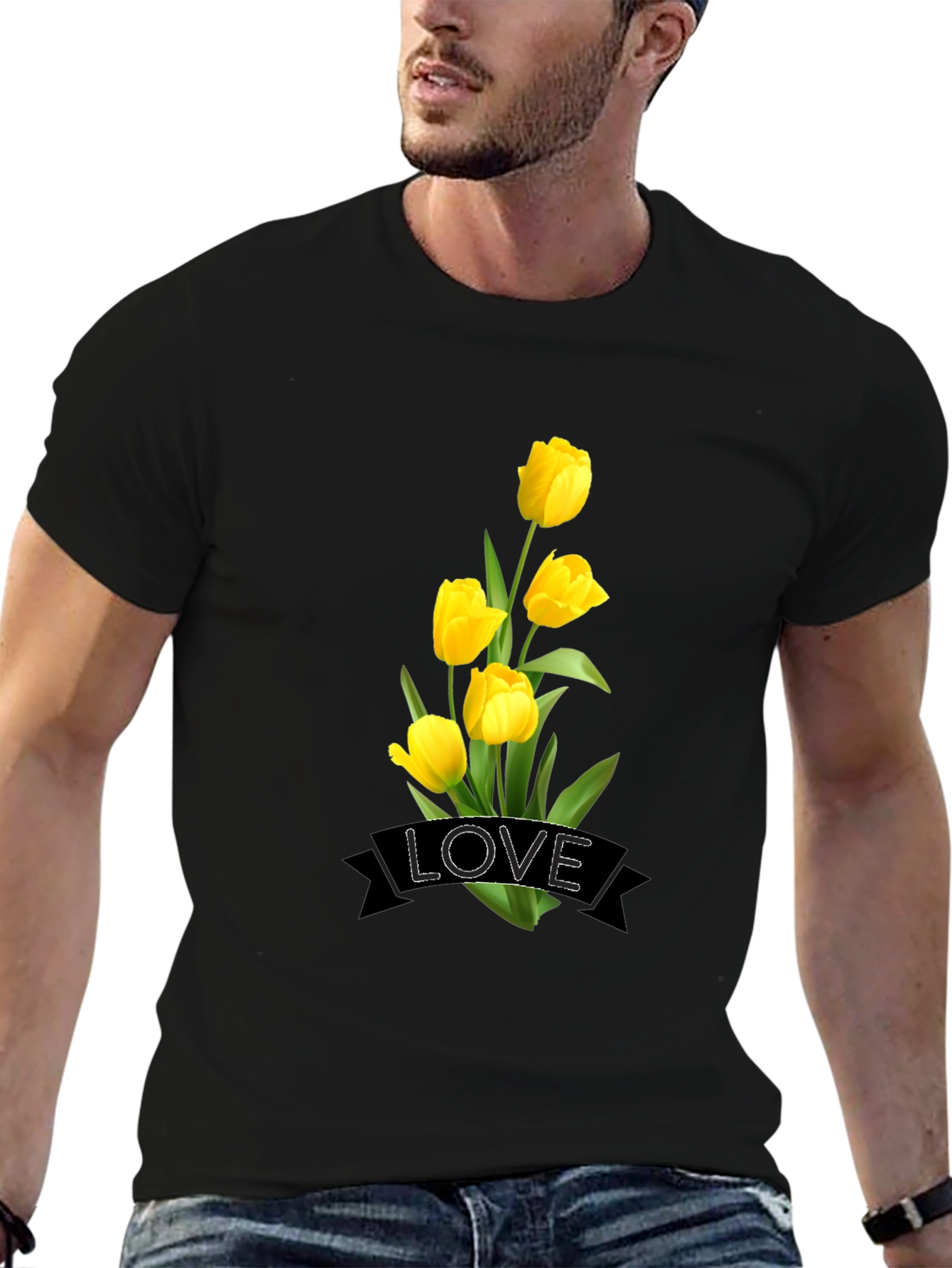 Black Love Tulips Graphic Black T-Shirt view 6