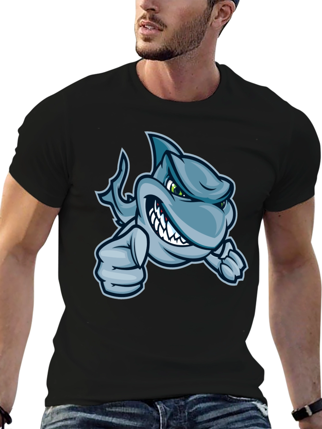 Black Cool Cartoon Shark Graphic T-Shirt view 6