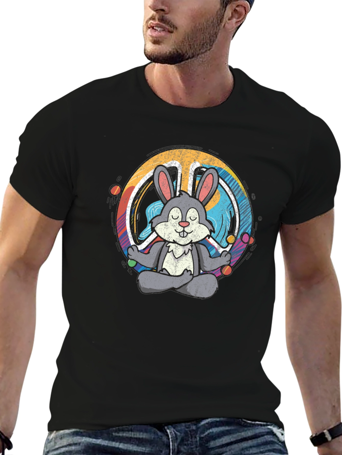 Black Peace Bunny T-Shirt - Meditating Hare Design view 6