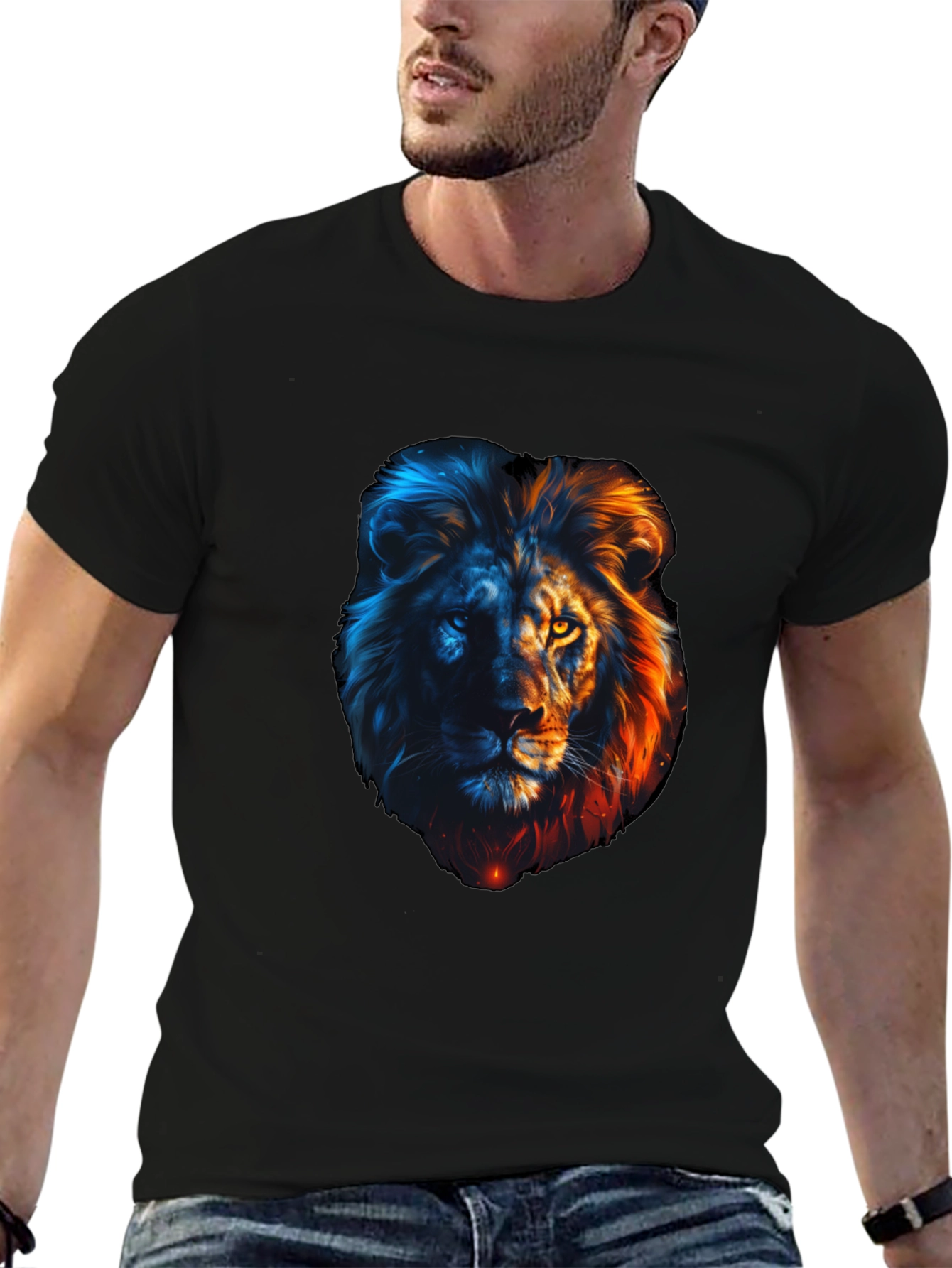 Black Lion Fire and Ice Graphic Tee - Cool Men's T-Shirt view 6