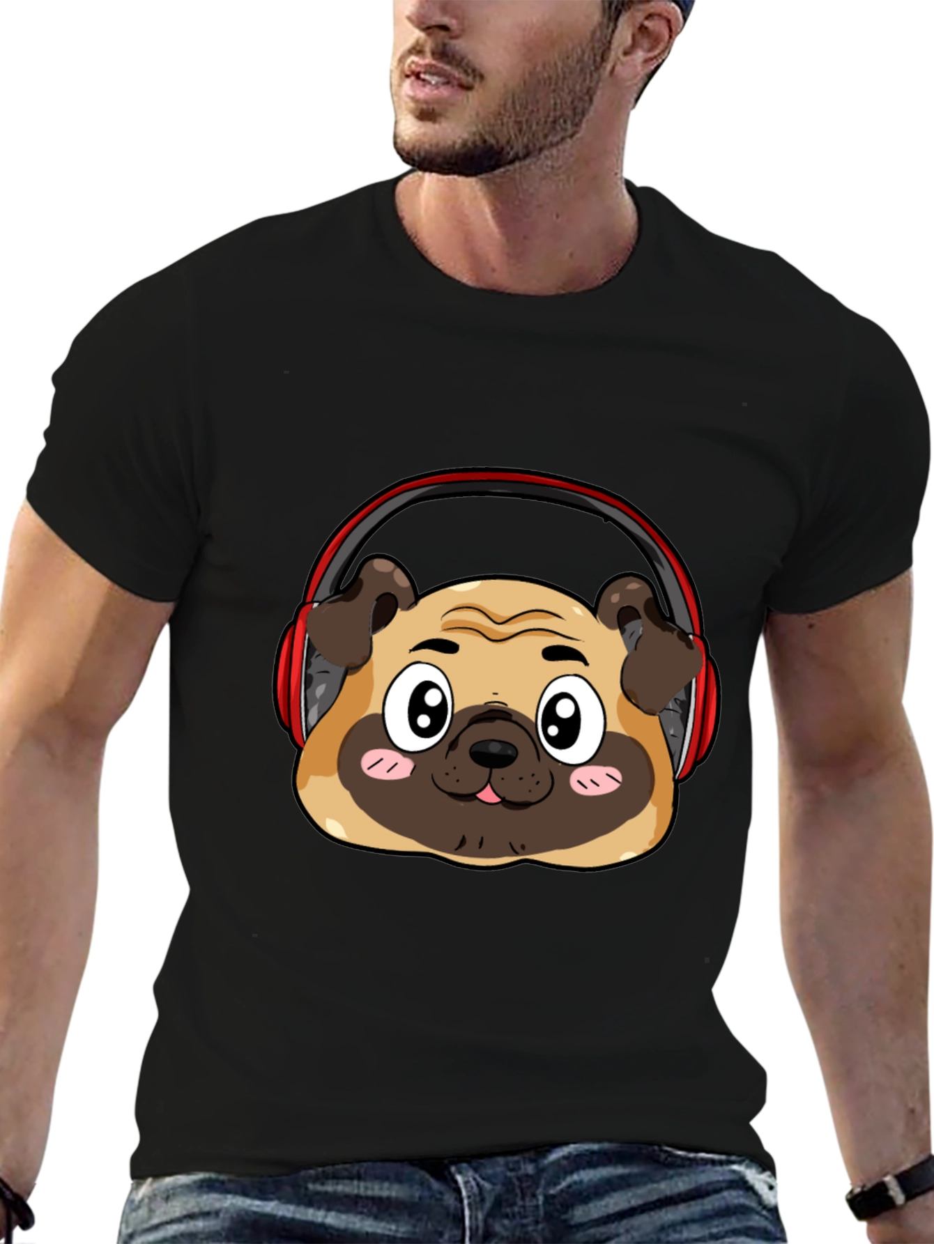 Black Pug Headphone Graphic Black T-Shirt view 6