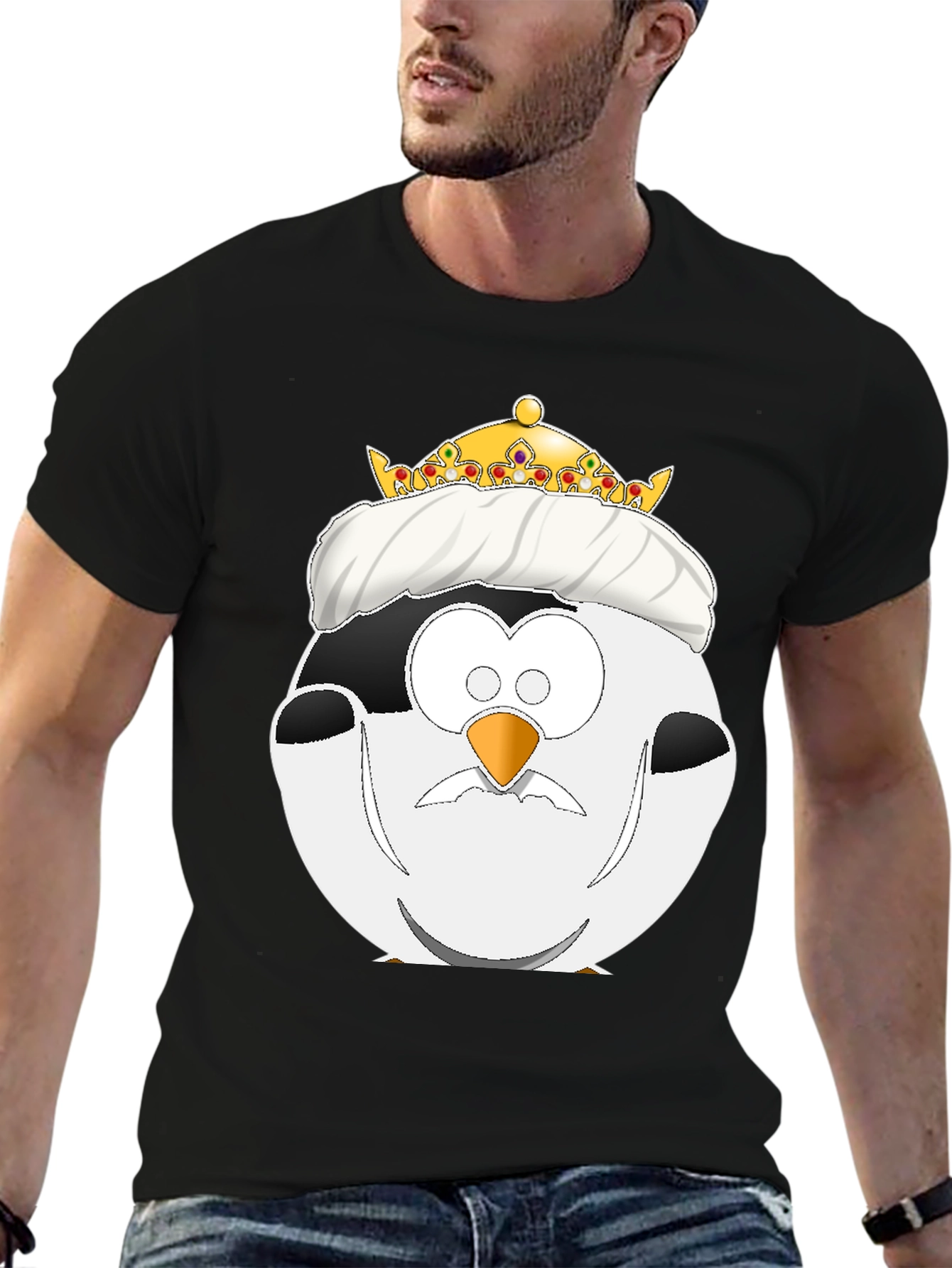Black King Penguin Cartoon Graphic Tee view 6