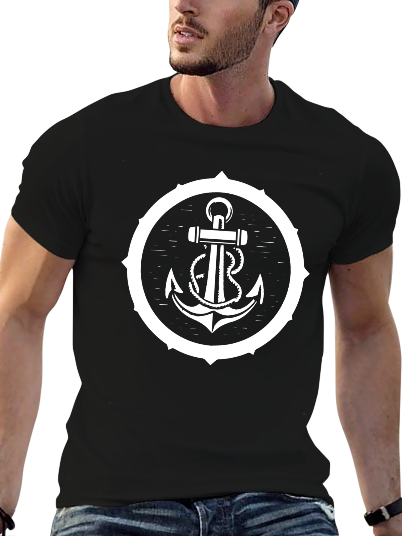 Black Nautical Anchor Graphic Tee - Black Cotton Blend view 6
