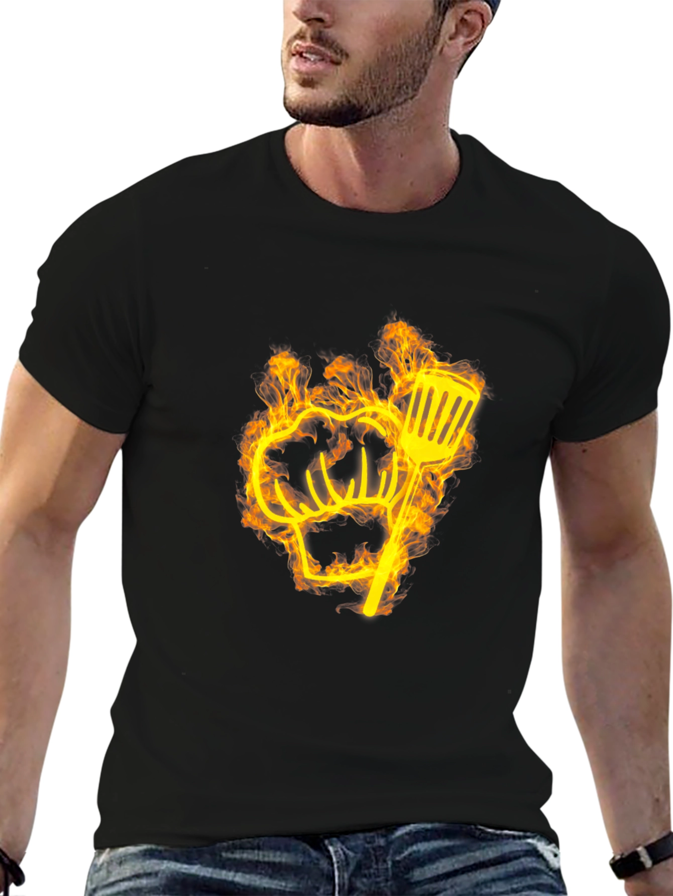 Black Flaming Chef Hat & Spatula Graphic Tee view 6