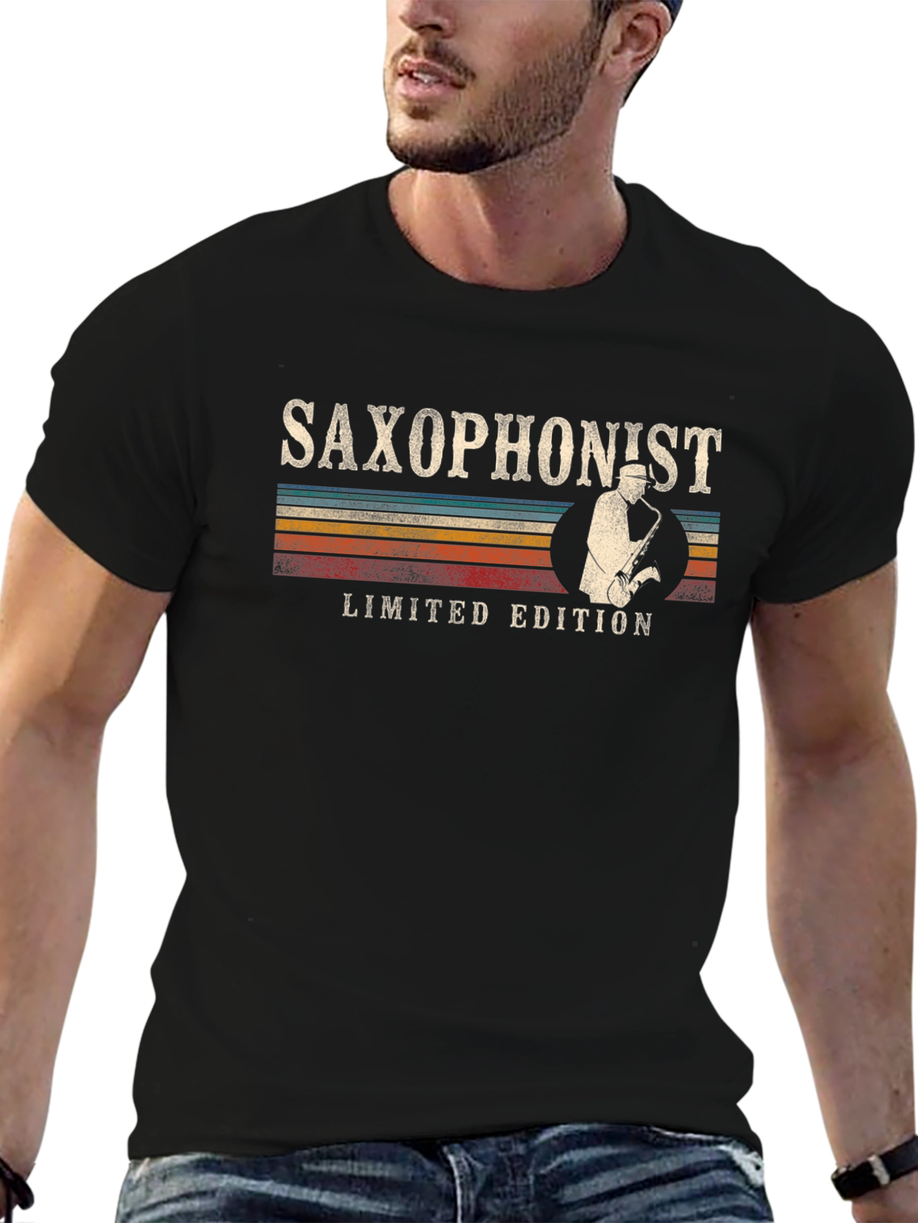 Black Vintage Saxophonist Limited Edition Black T-Shirt view 6
