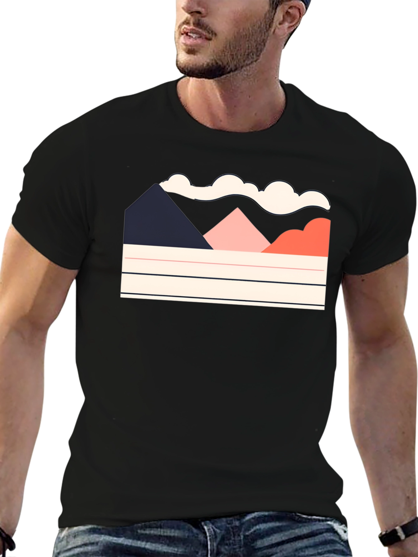 Black Geometric Mountain Scene Black Tee view 6