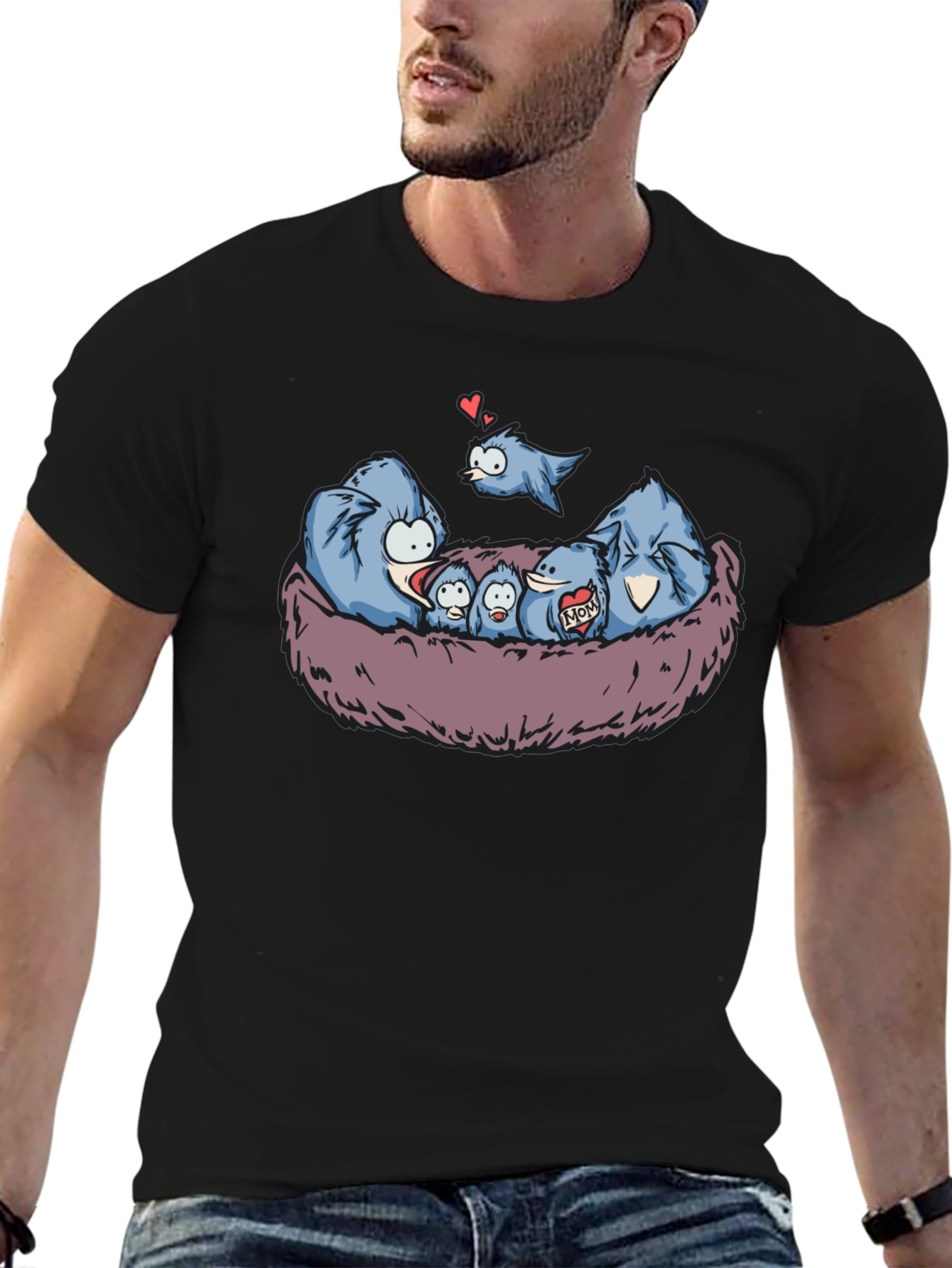 Black Cute Birds Family Nest T-Shirt view 6