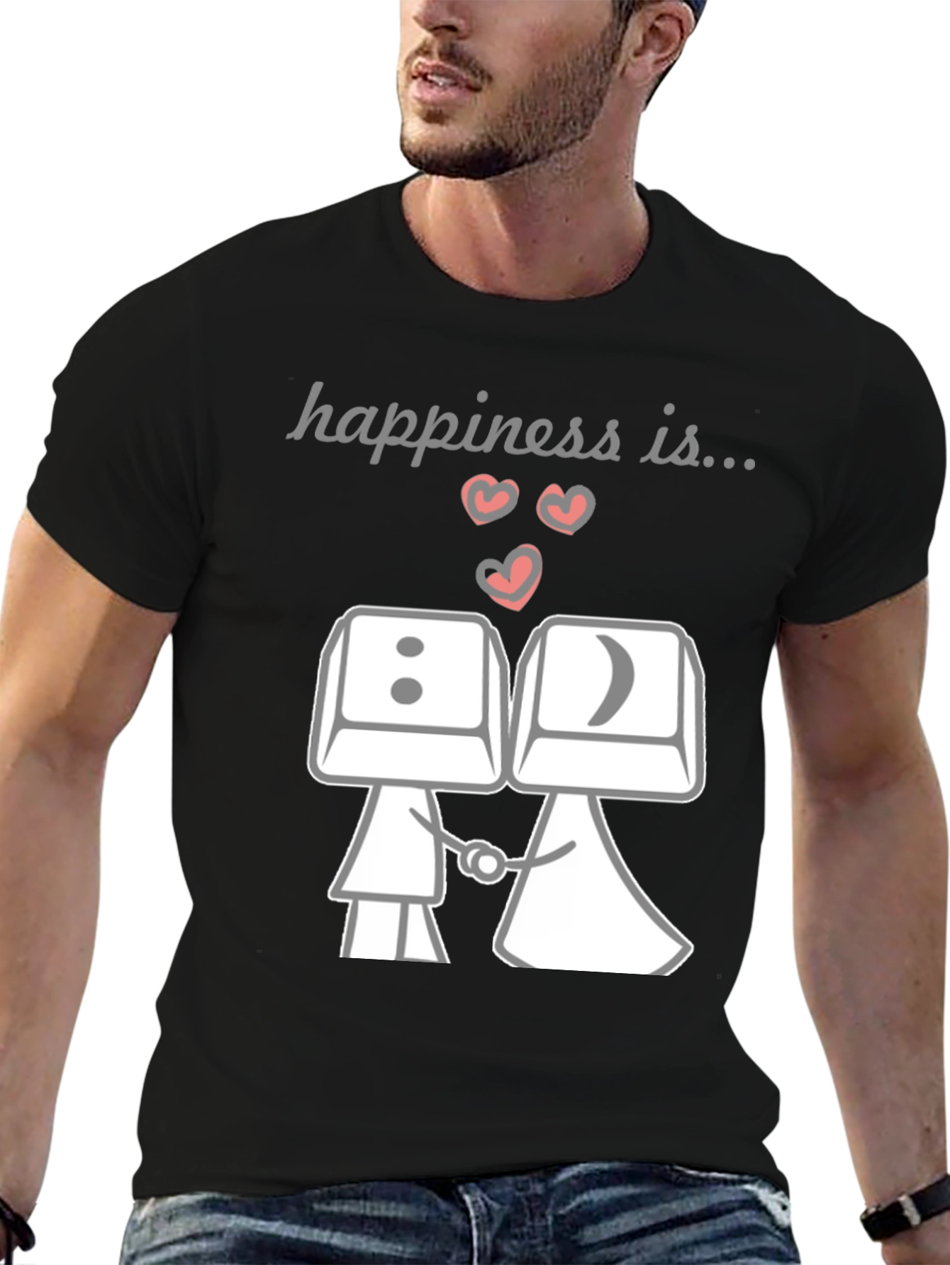 Black Happiness Is...Keyboard Key Couple T-Shirt view 6