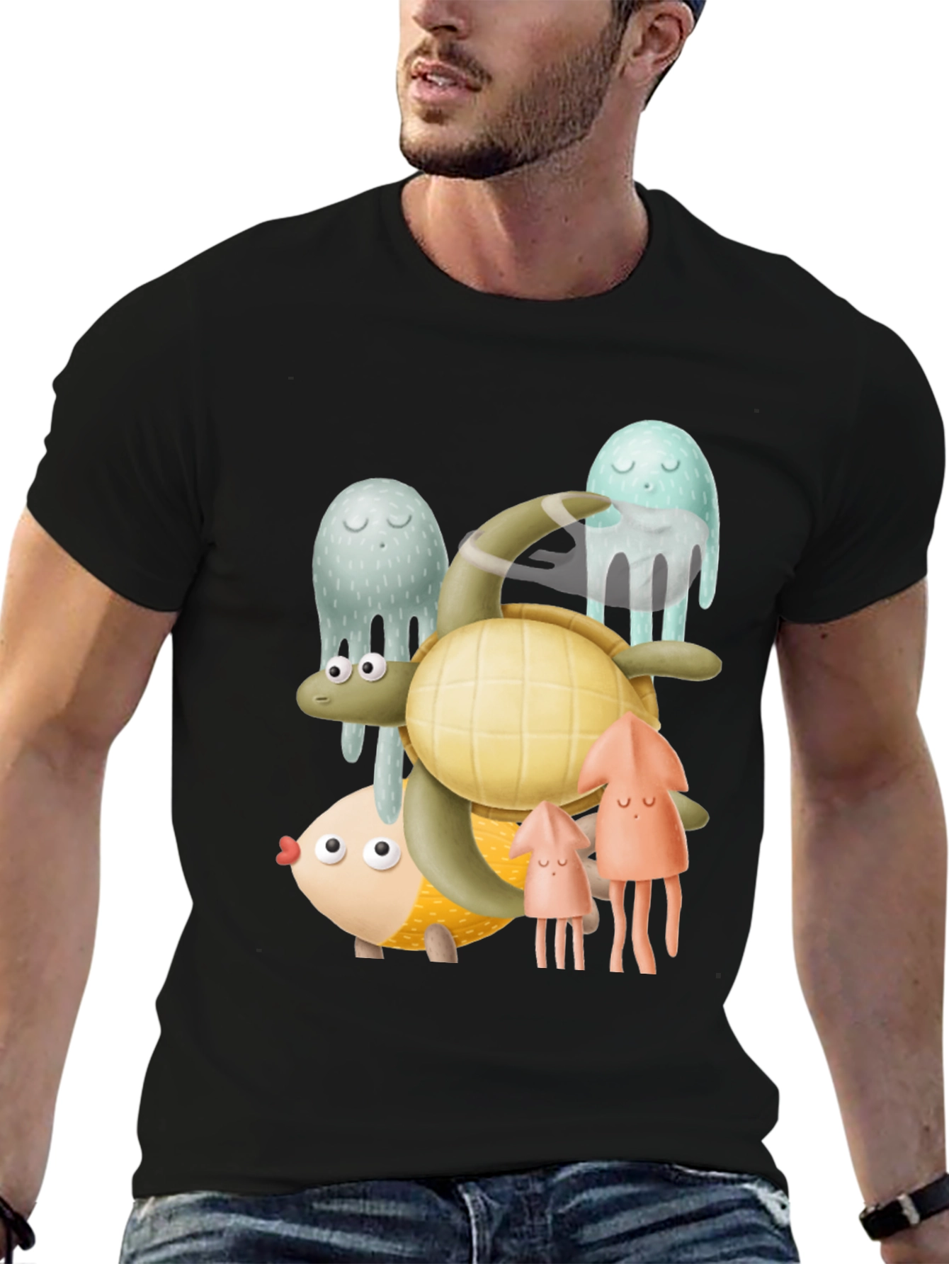 Black Sea Life Graphic Tee - Black Cotton T-Shirt view 6