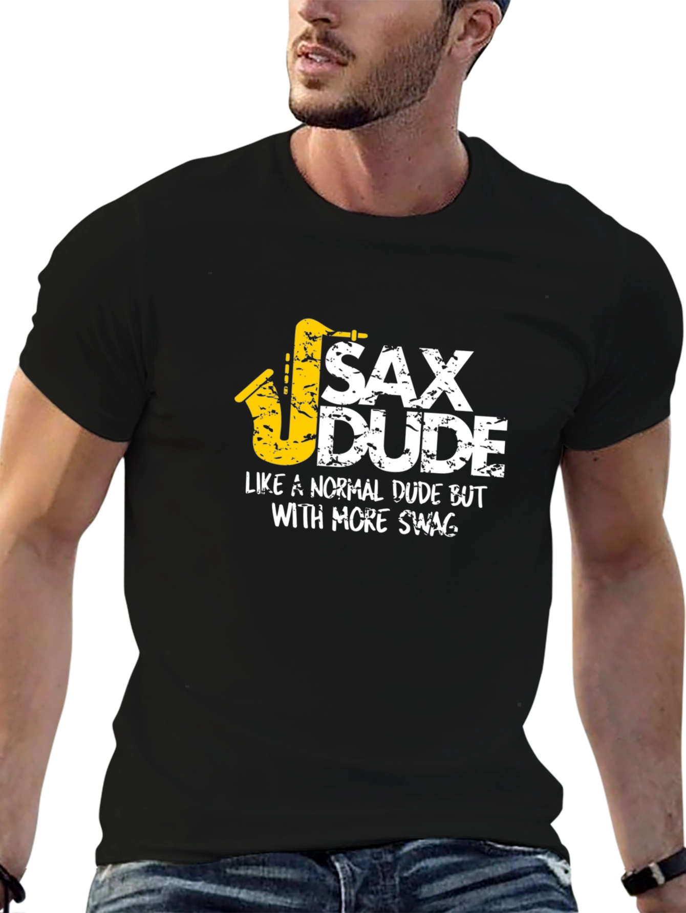 Black Sax Dude Graphic T-Shirt - Musician Humor view 6