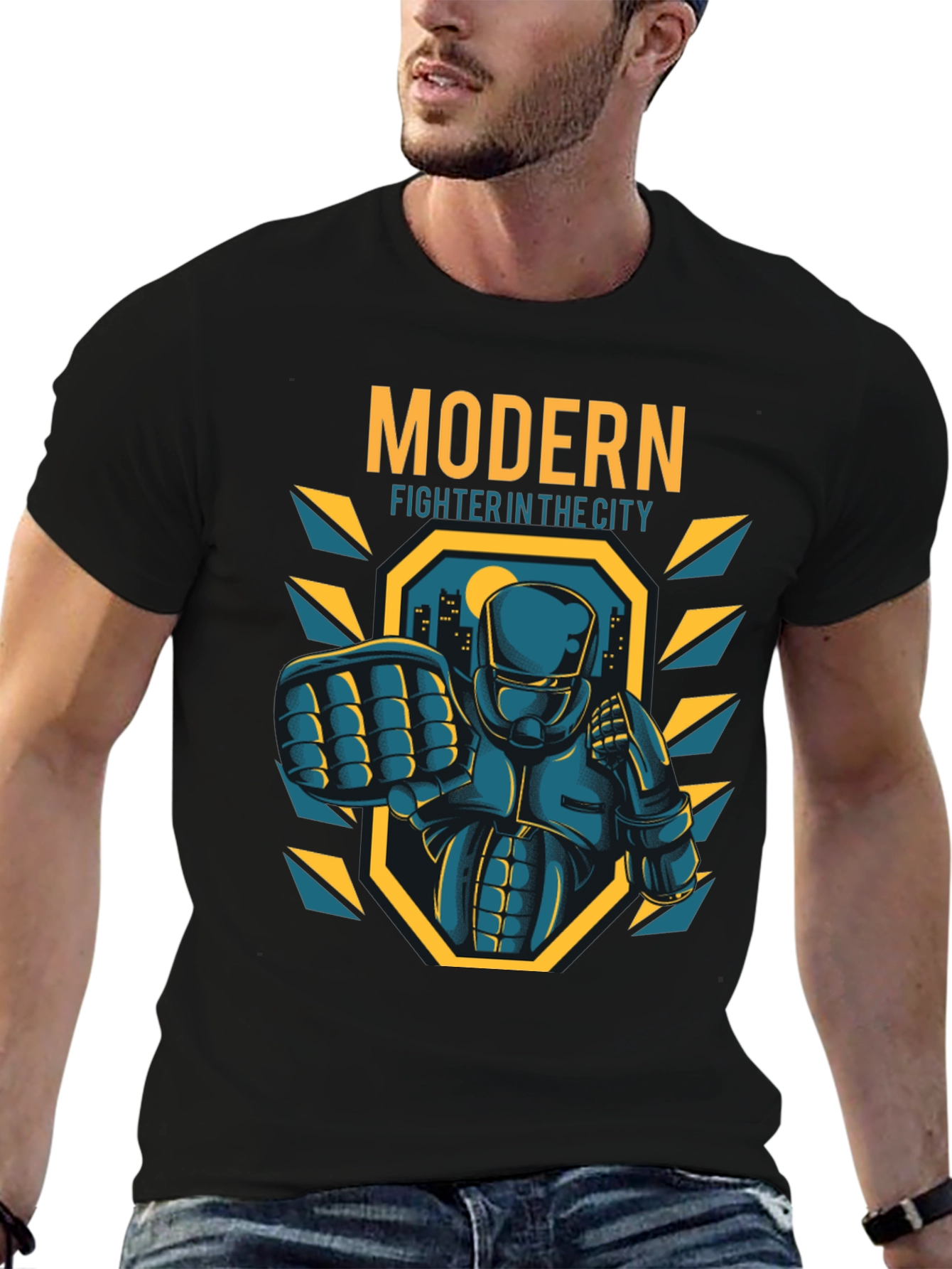 Black Modern Fighter City T-Shirt - Cool Graphic Tee view 6