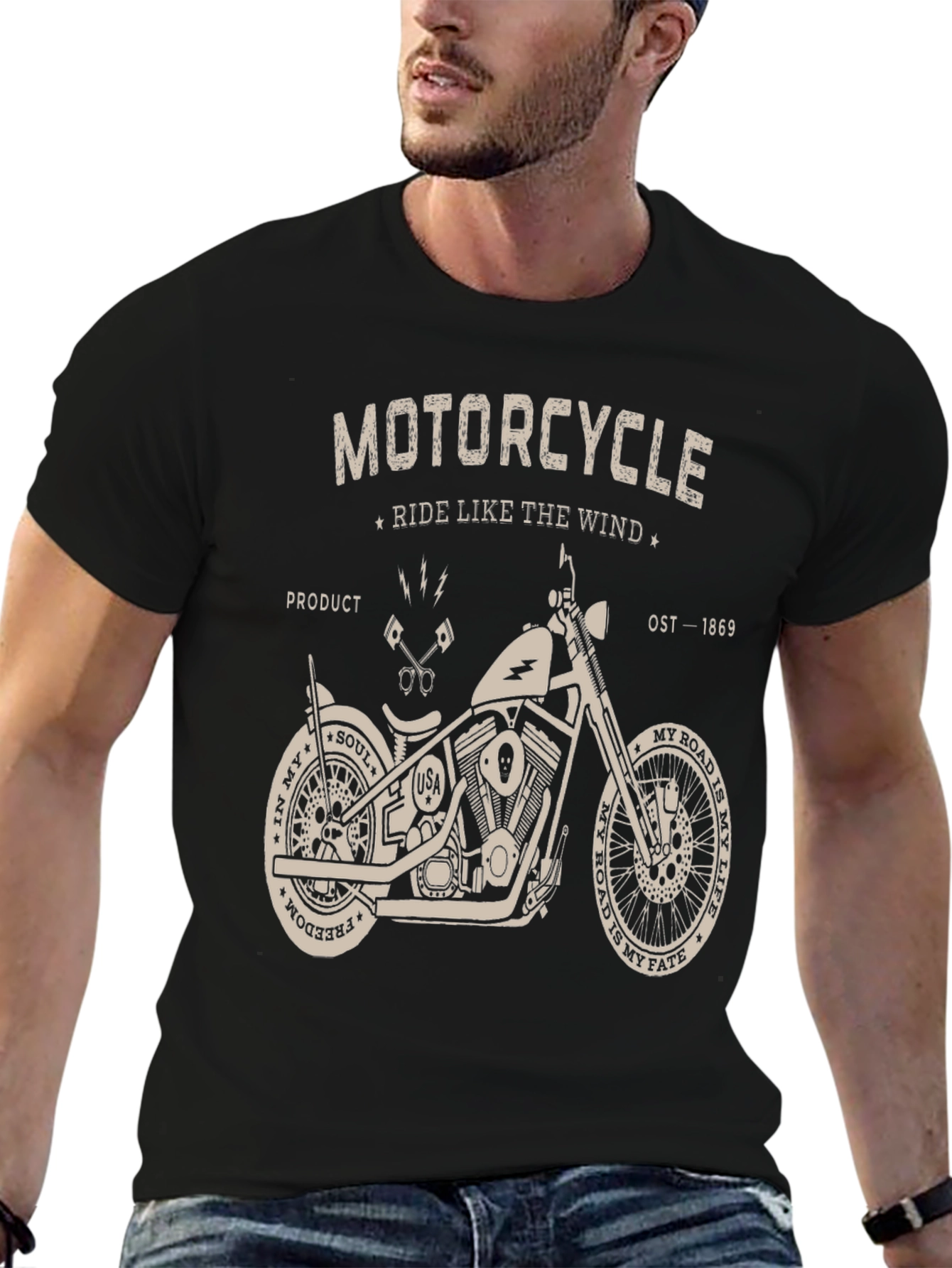 Black Motorcycle Ride Like The Wind Graphic T-Shirt view 6