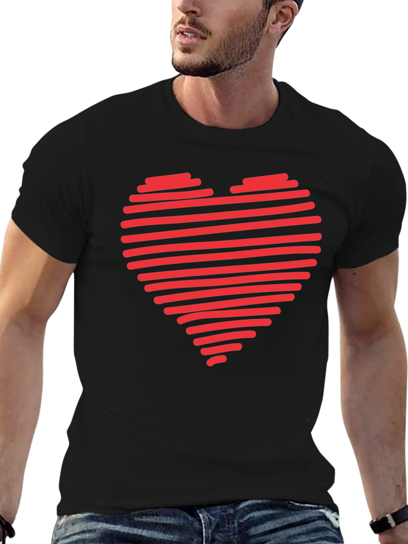 Black Red Heart Stripes Black T-Shirt Love Graphic Tee view 6