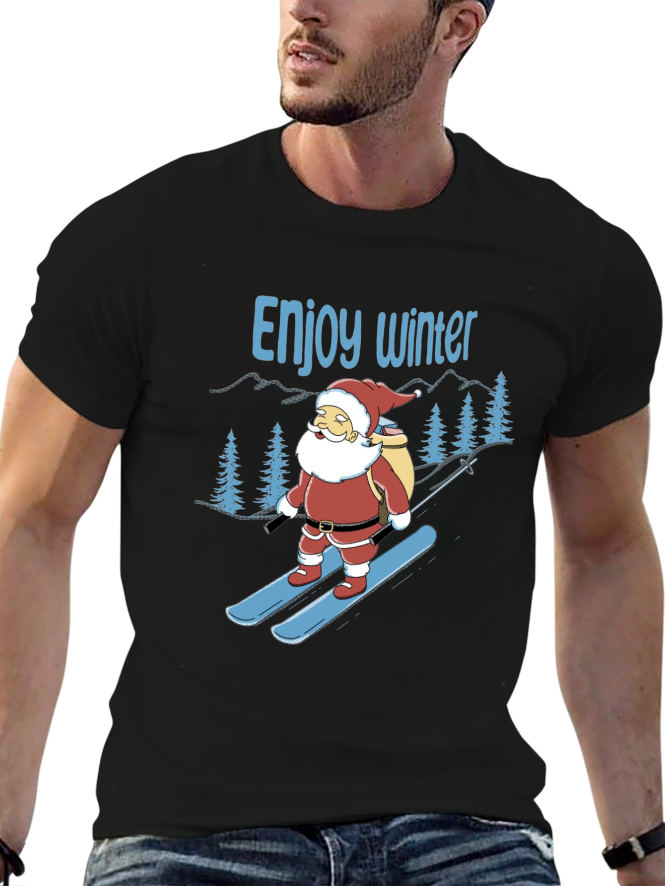 Black Enjoy Winter Santa Skiing Graphic Tee view 6
