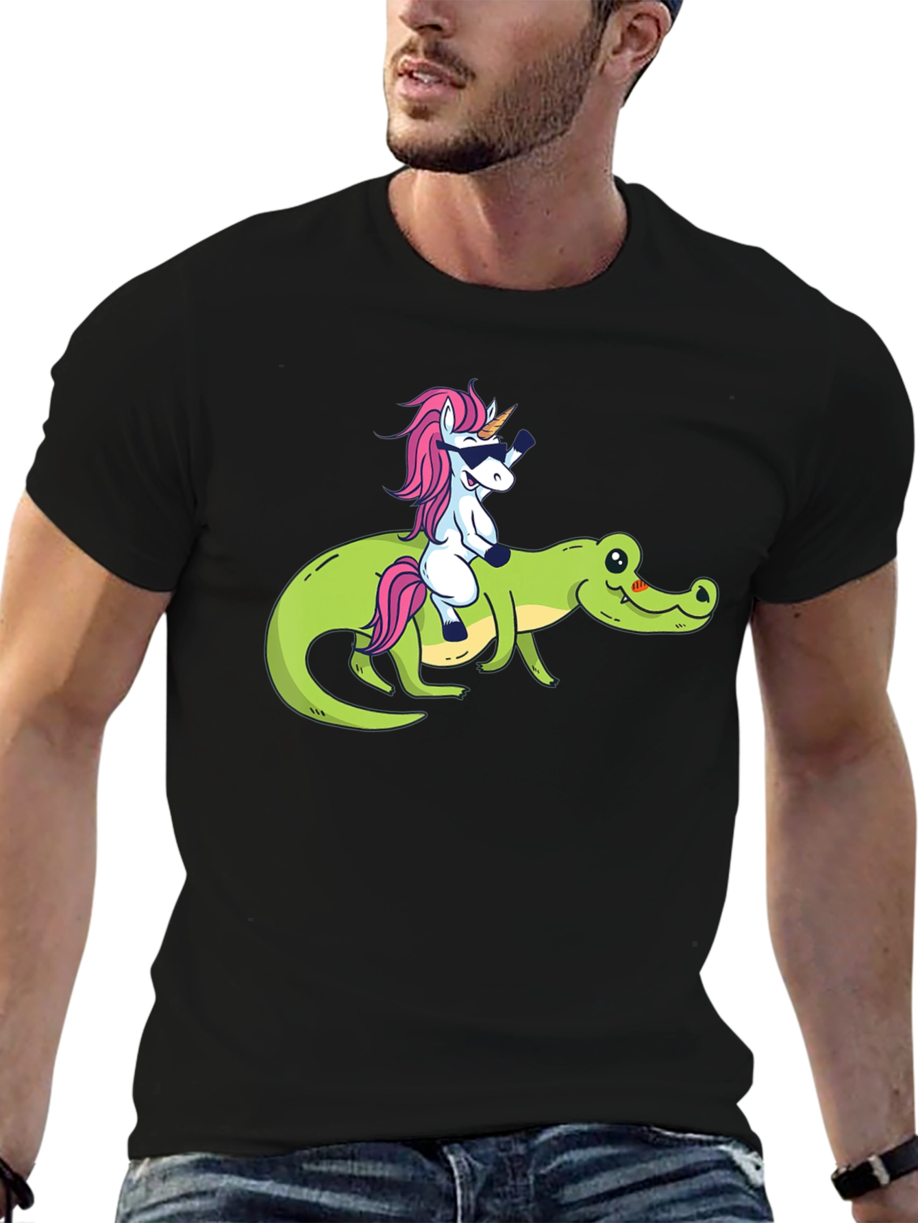 Black Unicorn Riding Alligator Graphic T-Shirt view 6