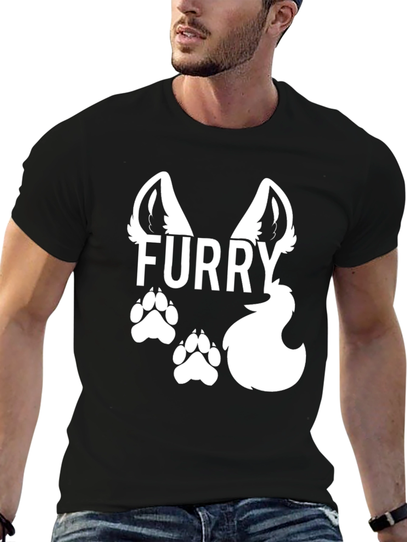 Black Furry Graphic Tee - Black Crew Neck T-Shirt view 6