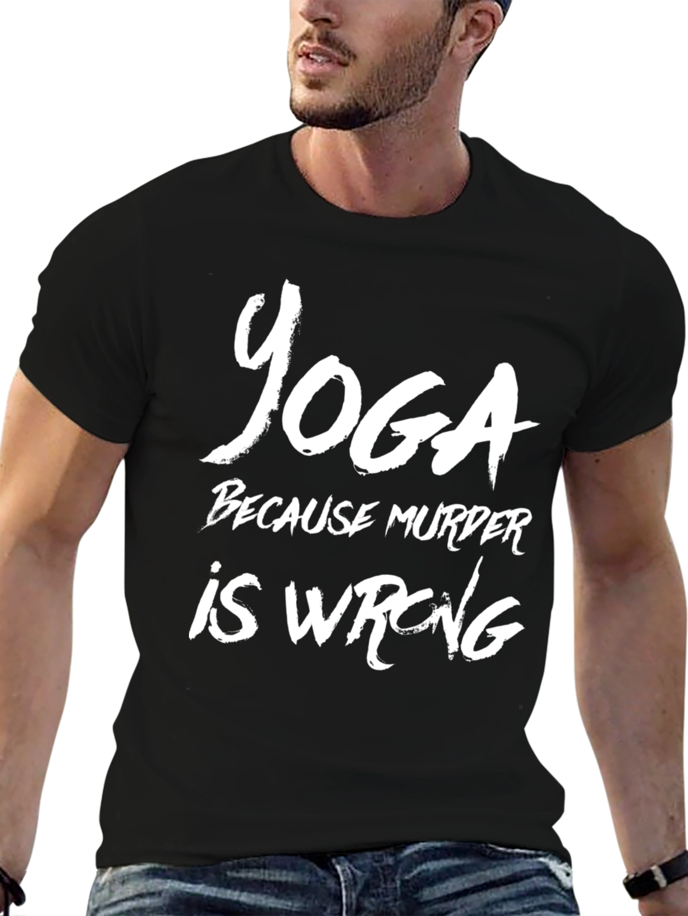 Black Yoga Because Murder Is Wrong Funny T-Shirt view 6