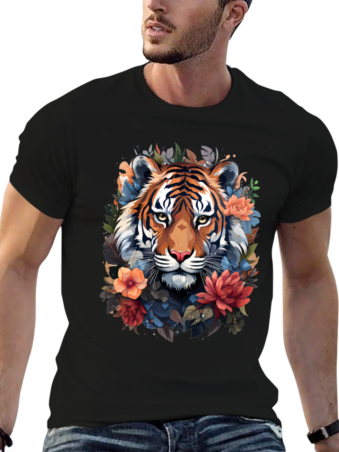 Black Floral Tiger Graphic Tee - Stylish Men's Black T-Shirt view 6
